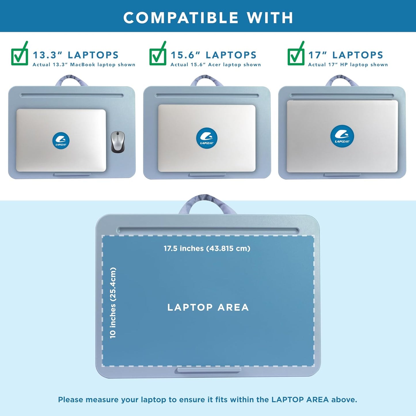 LAPGEAR Original Lap Desk – Large (17.9” x 13”) | Fits Up to 17.3” Laptops | Cushioned with Device Ledge, Pencil Tray & Handle | Portable & Lightweight | 12-Pack | Sky Blue – Style No. 45003