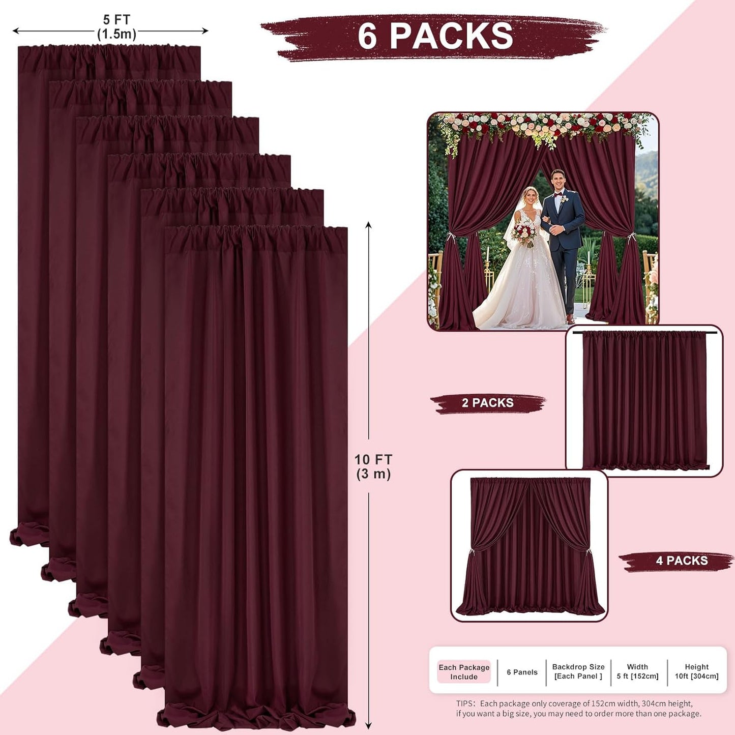 Burgundy Backdrop Curtains Photo Booth Background: 6 Panels 5ft x 10ft Polyester Fabric Drapes - for Party Anniversary Stage Ceremony Decorations
