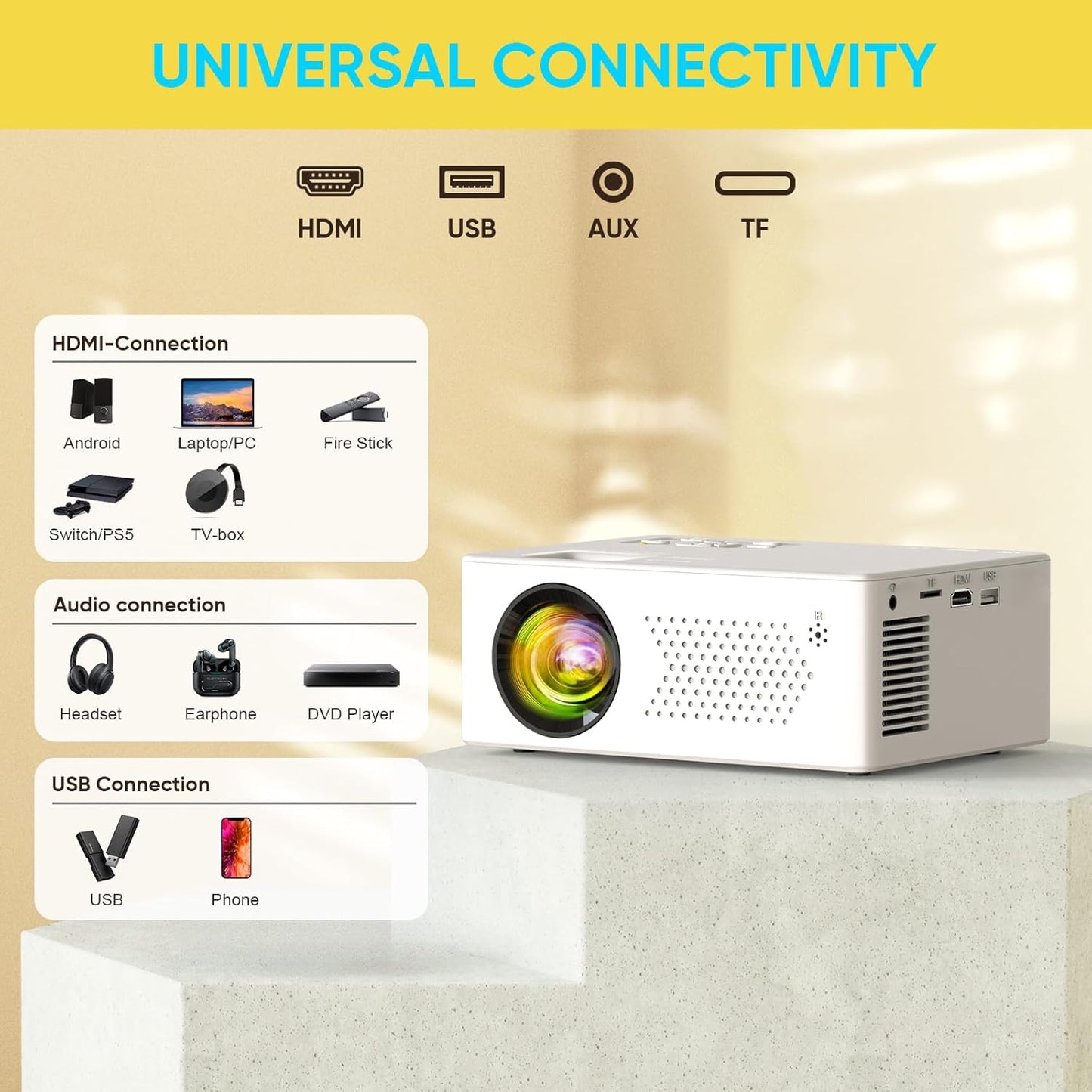 Mini Bluetooth Projector, Full HD 1080P Supported Portable Outdoor Movie Projector for iOS, Android, Windows, Compatible with TV Stick/HDMI/Smartphone/PS4/USB [Remote Included]