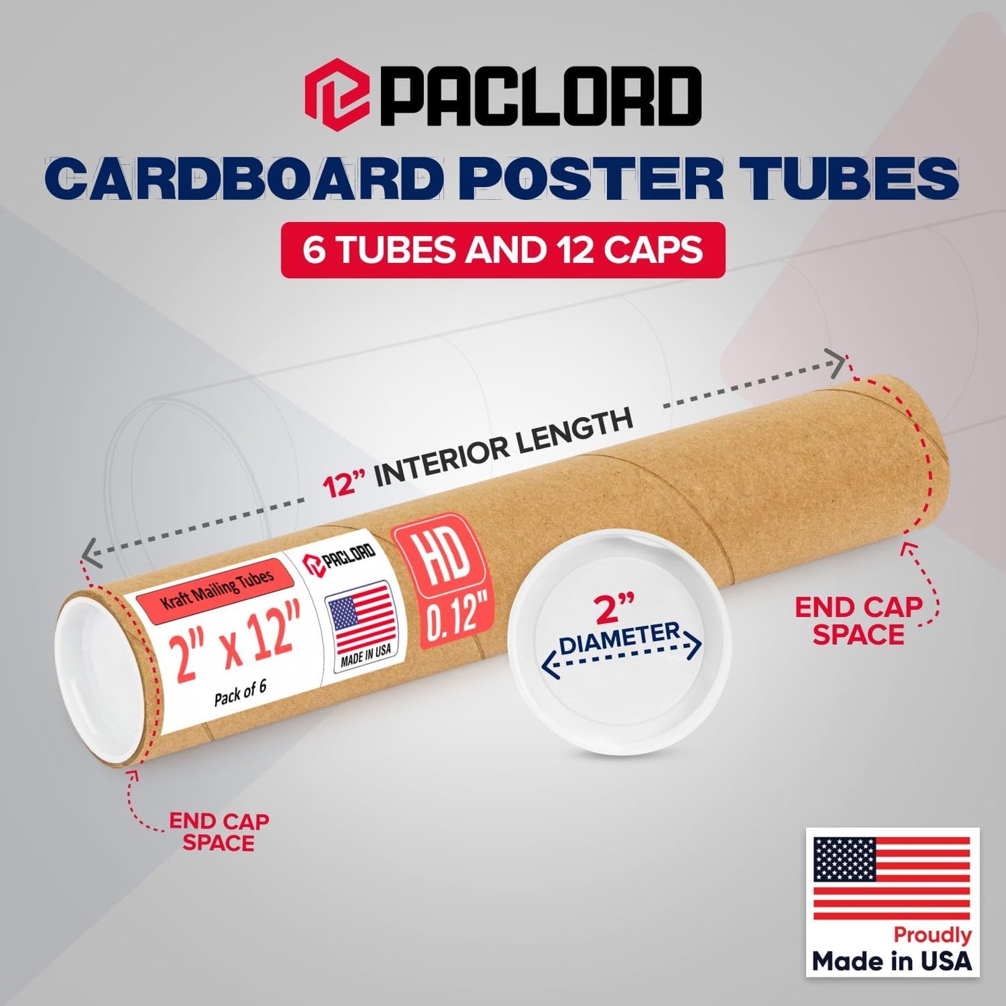 2" x 12" Heavy-Duty Reinforced Cardboard Mailing Tube, Pack of 6 Tubes with 12 Caps – Secure USPS Approved – Great for Shipping and Storing of Prints, Artwork, Posters or Documents