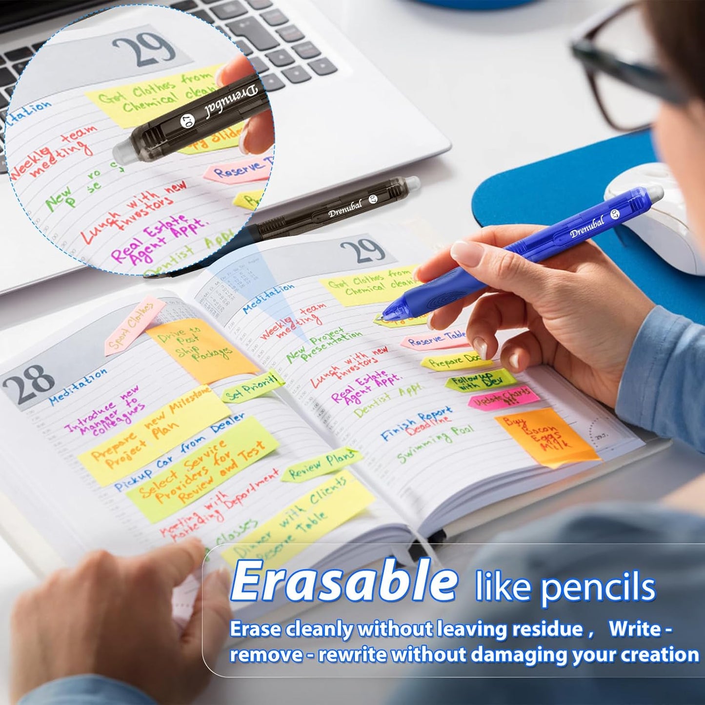 8-pack 0.7mm erasable gel pens with quick-drying anti-smudge ink |Erasable pens with comfortable grip for school, office, art, exams and journals |True Colors gift set for kids and students