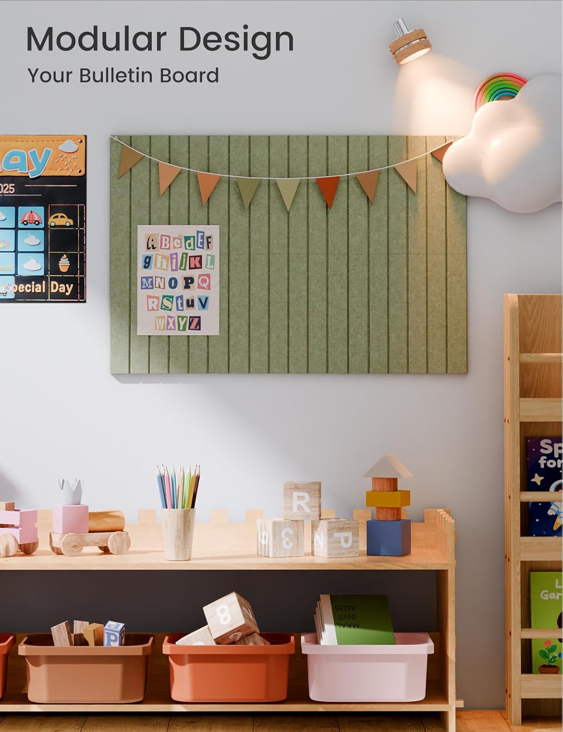 Felt Bulletin Board Tiles -28"x18" with 40 Adhesive Tabs, Cork Board Alternative for Office Decor, Push Pin Board Wall Organizer 6-Pack (Olive Green)