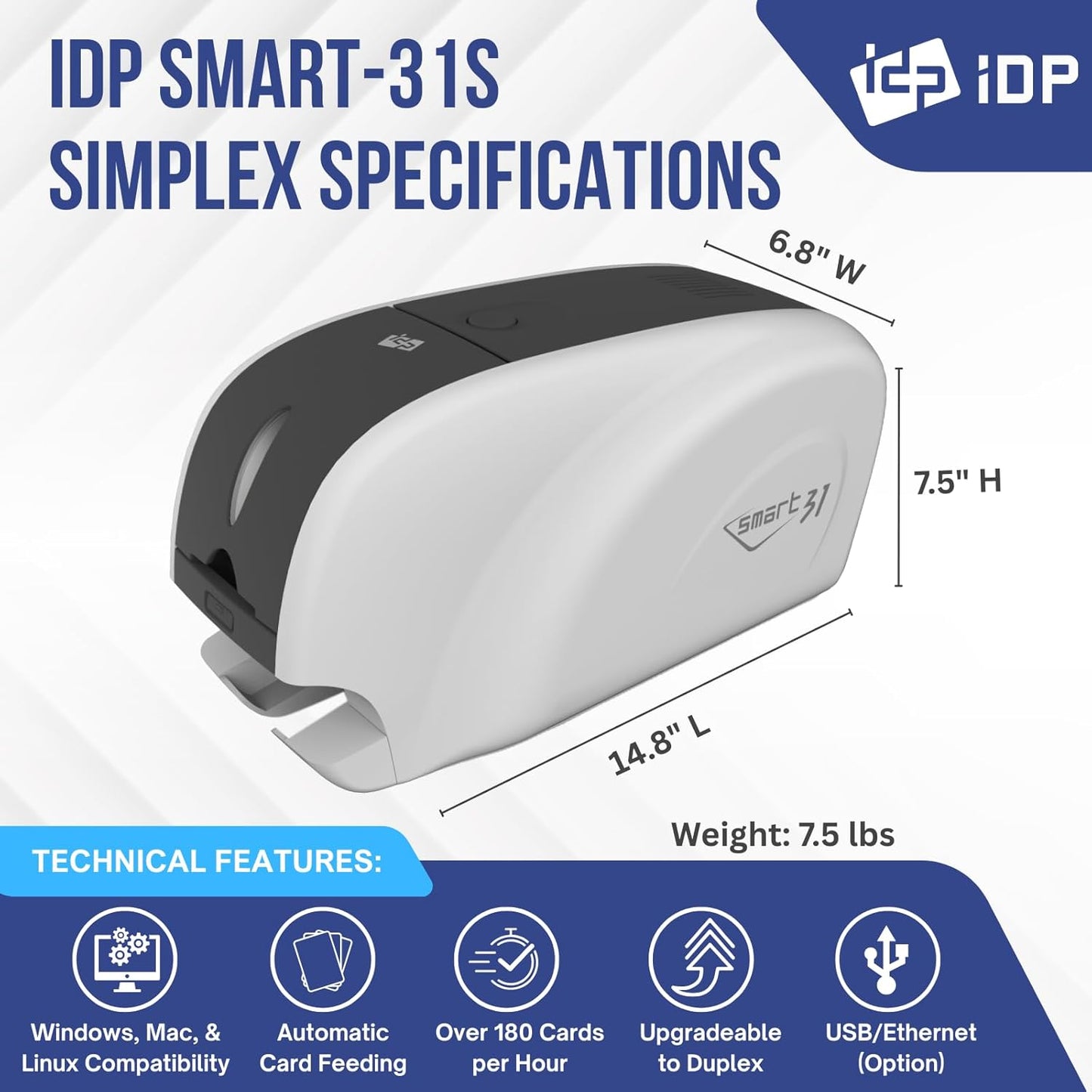 IDP SMART-31 Series ID Card Simplex Printer Bundle with USB Camera, Software, Manual and Guides - Includes 250-Print YMCKO Color Ribbon and 100 PVC Plastic Cards - Now with SMARTMark Security