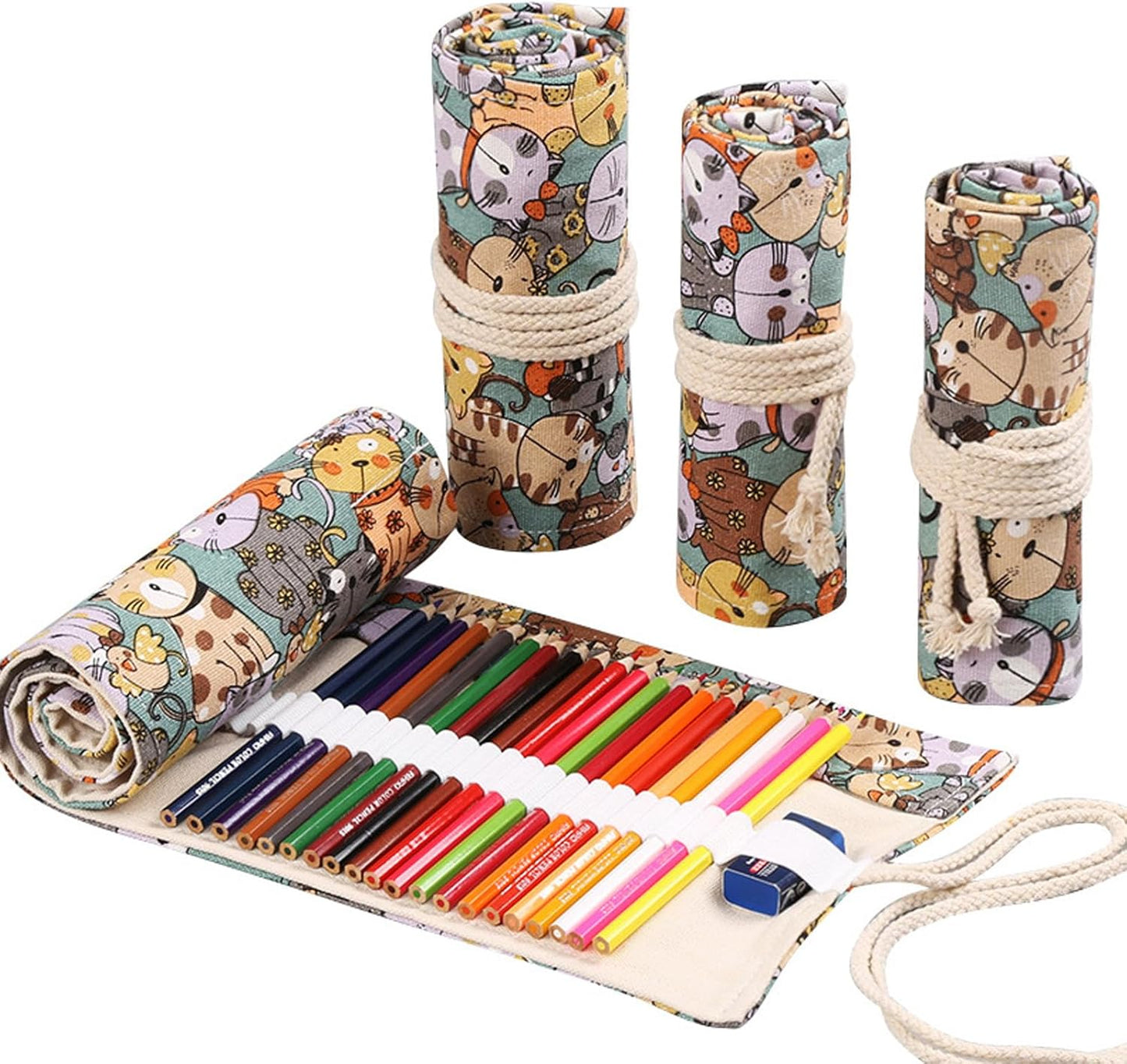 DIYOMR 24/36/72 Slots Pencil Wrap Pencil Rolls, Artist Colored Pencils Roll Up Bag Short Brushes Pouch Case Pencils Organizer for Drawing Coloring and Sketching, NO PENCILS (Cuddly Cat, 72slots)