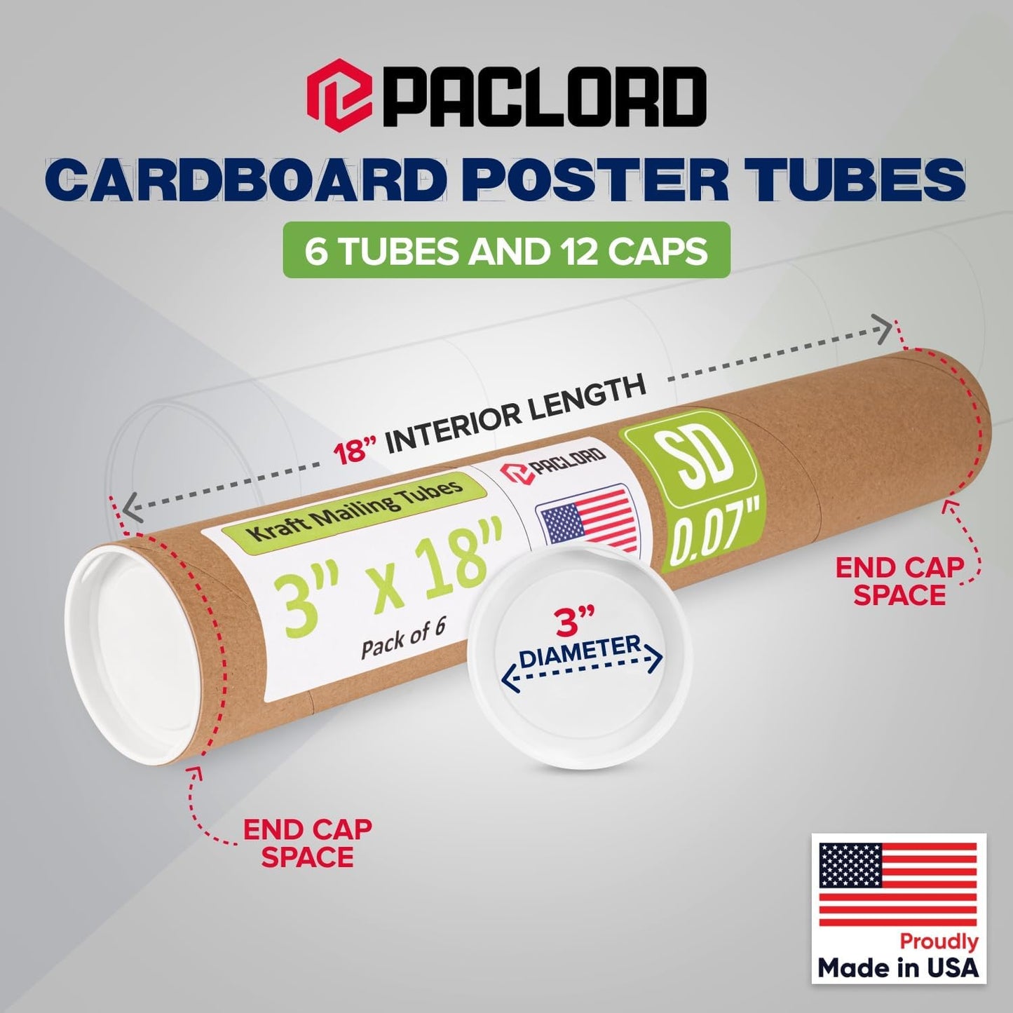 3" x 18" Reinforced Kraft Paper Mailing Tube, Pack of 6 Tubes with 12 Caps – Secure USPS Approved Poster Tube – Cardboard Tube for Shipping and Storing Posters, Prints, Artwork, or Document