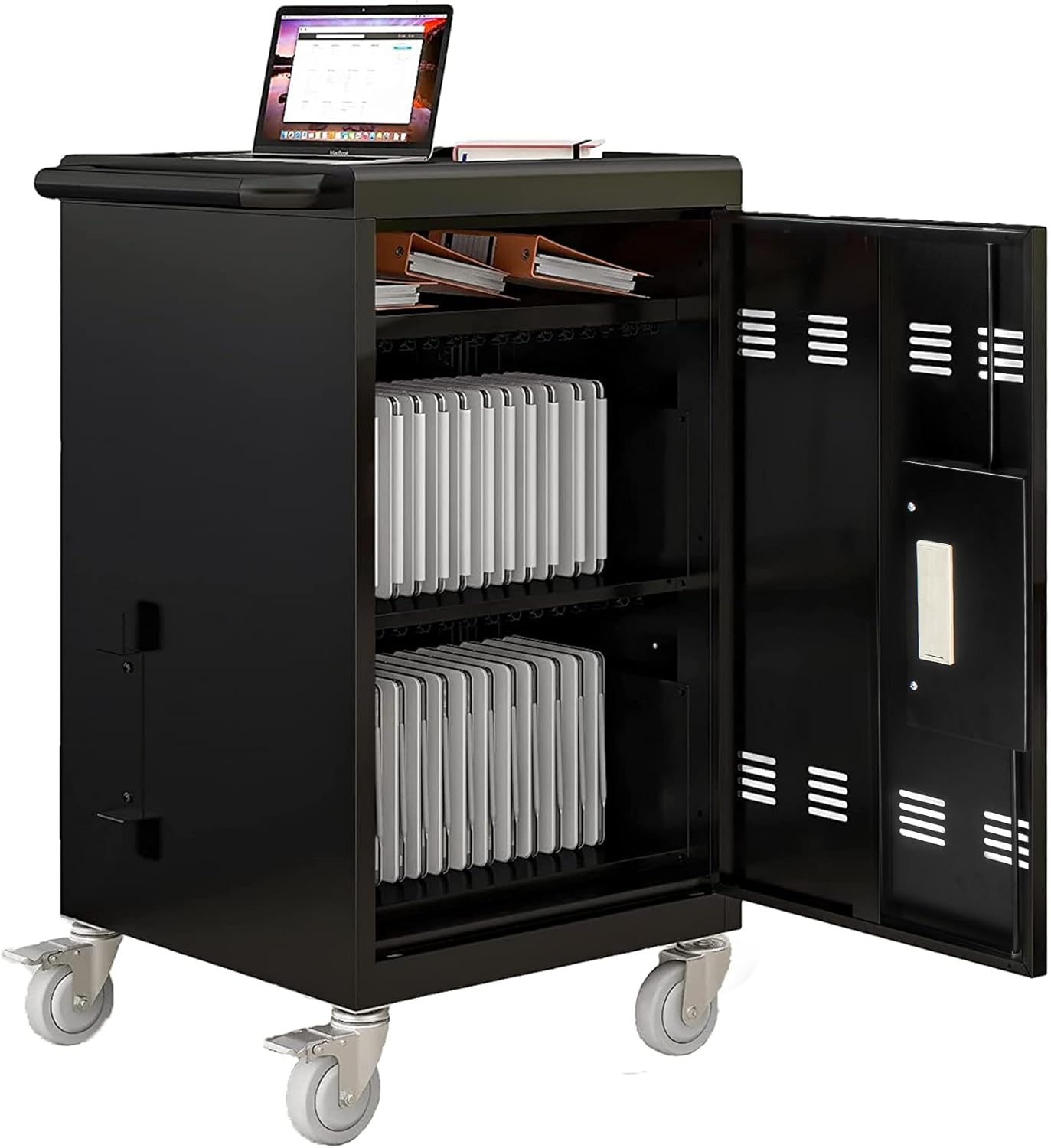 30-Device Mobile Charging Cart with Power Strip, Locks, Cable Management, Up to 16.3" Safe Charging Cabinet for Chromebooks, Tablets, Laptops. Black with Code Lock