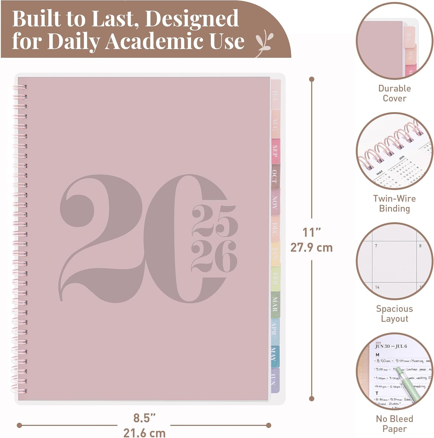 Rileys Academic Planner 2025-2026, Daily, Weekly & Monthly Planner, July 2025 - June 2026, Student Notes Pages, Twin-Wire Binding, Weekly Agenda for School & Work (8.5 x 11-Inches, Pink, Typographic)