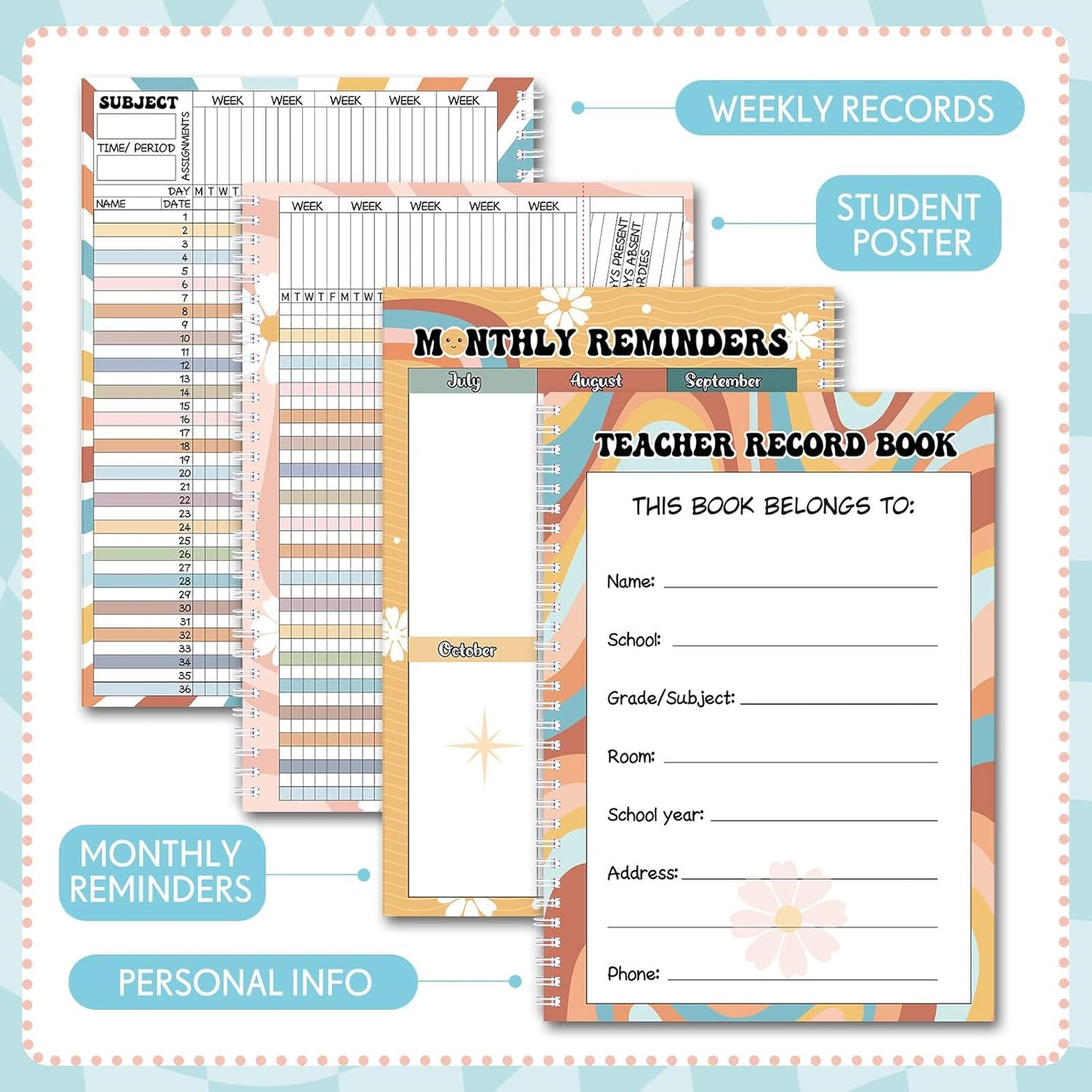 Teacher Record Book Teacher Grade Books 2025-2026 Spiral Bound Record Class Grade Book Office Favors Gift for Classroom Attendance Supplies Decoration Double Sided(Retro Groovy)
