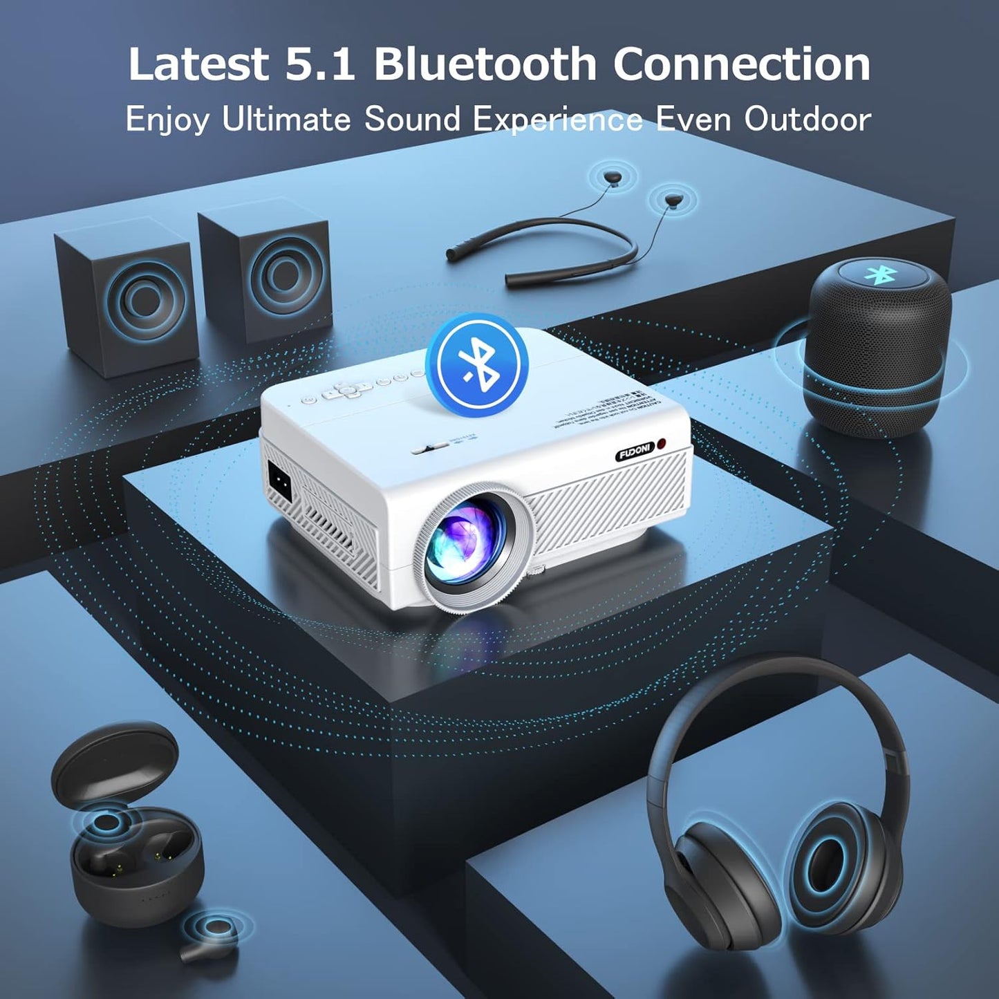 Projector with WiFi and Bluetooth, FUDONI 5G WiFi Native 1080P Outdoor Projector 15000L Support 4K, Portable Movie Projector with Screen and Max 300", for iOS/Android/Laptop/TV Stick/HDMI/USB/VGA/TF