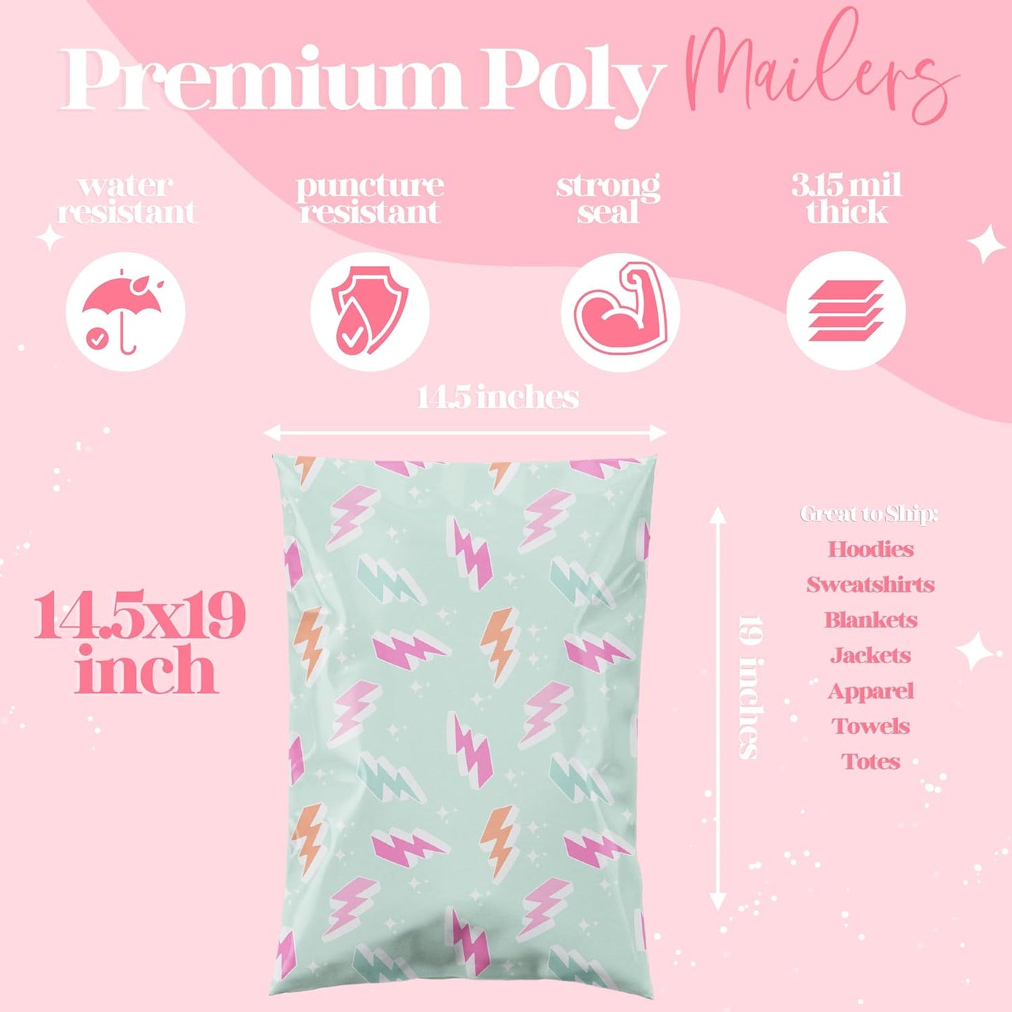 6x9 Designer Poly Mailer 100 Pack Heavy Duty Waterproof Self Seal Shipping Bags for Small Business Large Mailing Envelopes Bulk Tear Resistant Cute Packaging Lightning Bolt