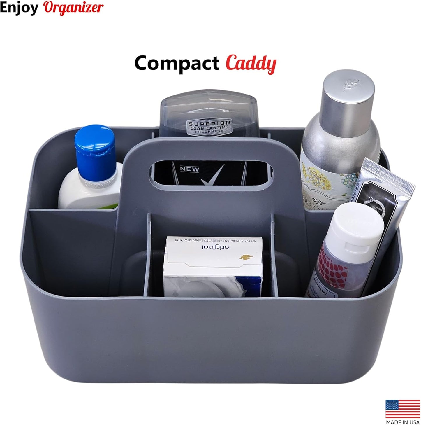 Small Stackable Plastic Caddy with Handle 6 Compartment | Desk, Makeup, Dorm Caddy, Classroom Art Organizers - 4 Pack, Made In USA (Orion Gray)
