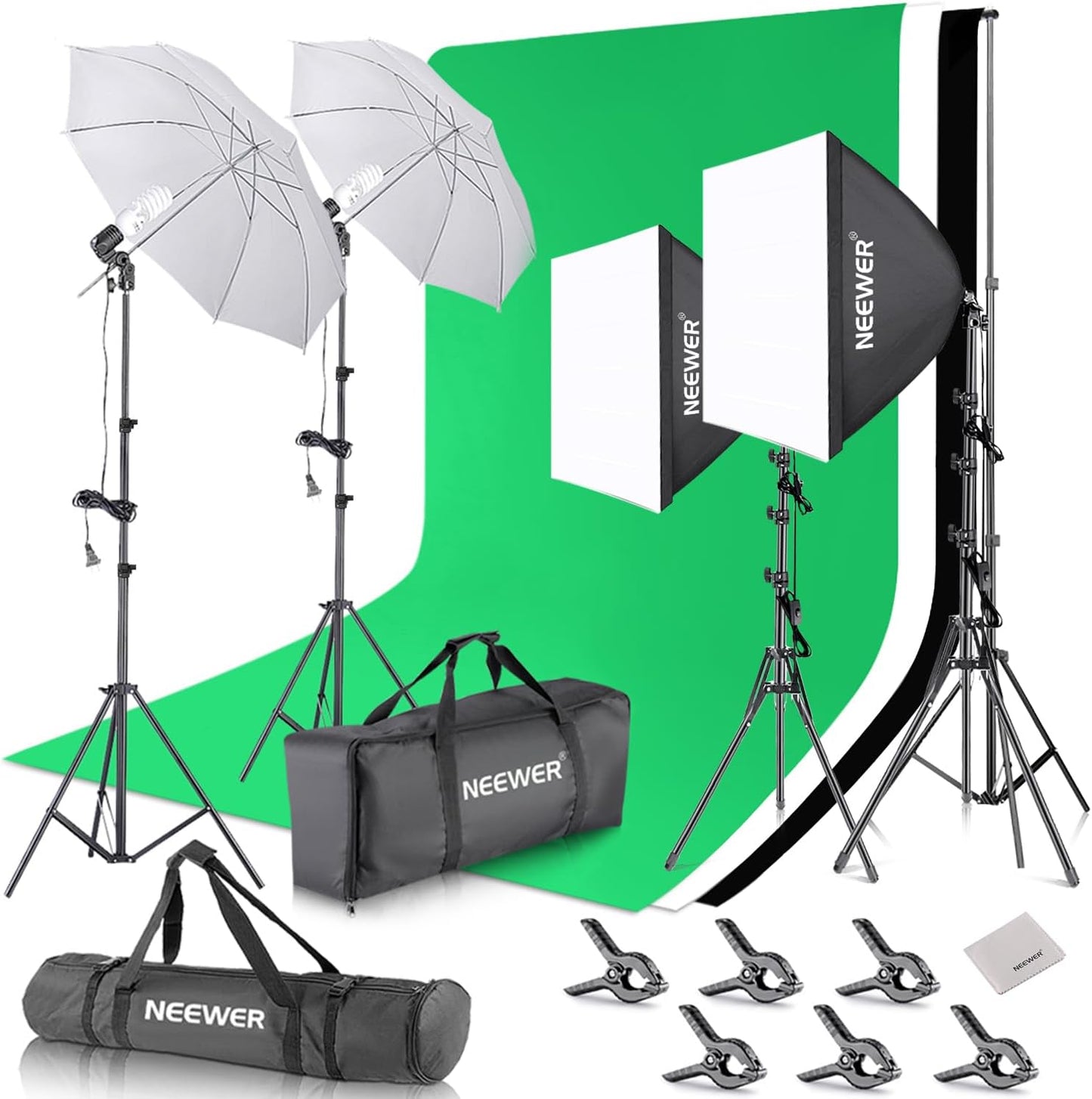 NEEWER Photography Continuous Lighting Kit with Backdrops, 8.5x10ft Stands, 5700K 800W Equivalent 24W LED Bulbs Umbrellas Softboxes Cleaning Cloth, Photo Studio Light Kit for Video Recording Streaming