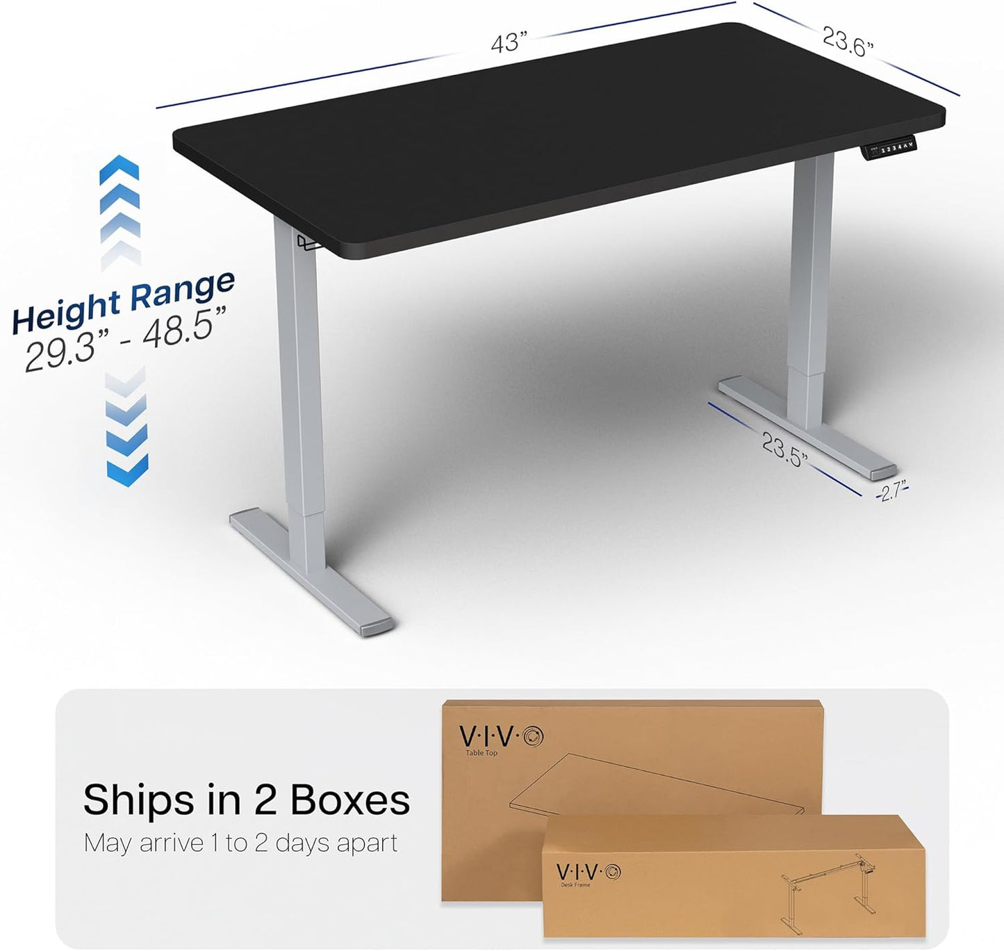 VIVO Electric 43 x 24 in Standing Desk, Memory Height Adjustment, 1B Series, One-Piece Black Top, Gray Frame, DESK-KIT-1G4B