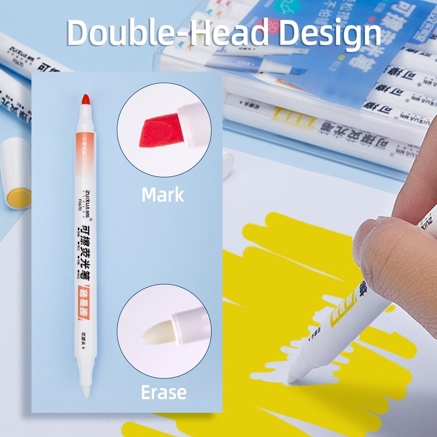 Erasable Highlighters Chisel Tip,Double Head for Highlighting and Erasing,No Bleed Highlighter for bibles, Smooth Writing for Highlighting and Marking,Assorted Colors, 12 Count(EH-01)