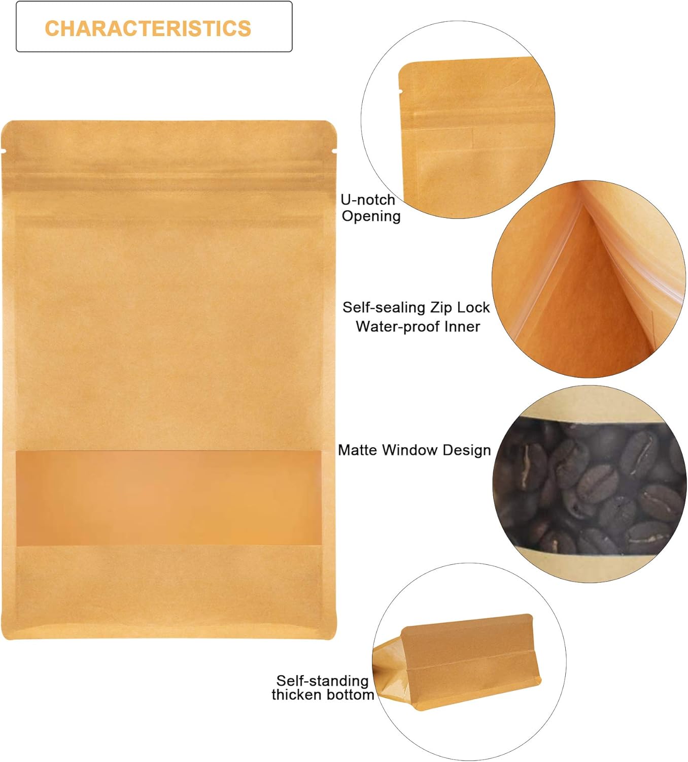 Stand Up Kraft Pouch Bags,Reusable Zip Lock Sealing and Notch Matte Transparent Window Bags, Resealable Zip Lock Food Storage Bag,9.5 x 5.5 + 2.36 Inches, Pack of 50
