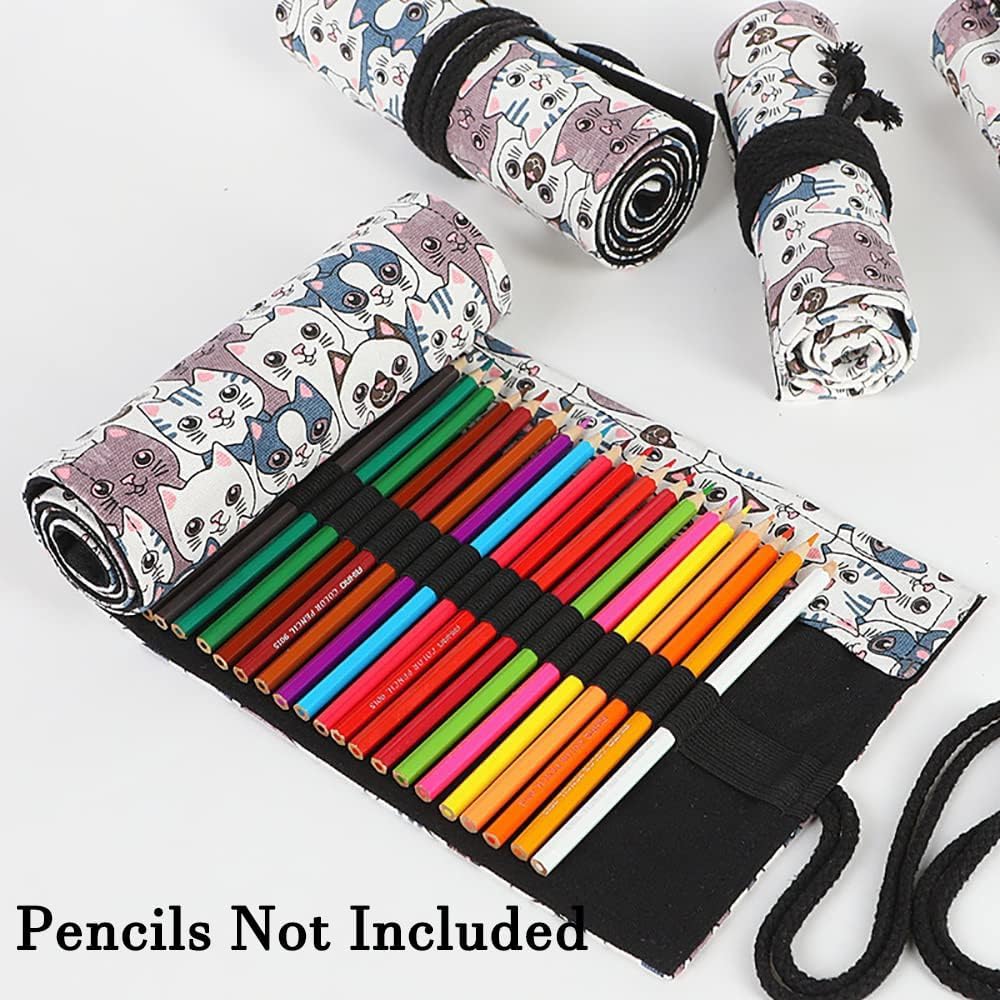 DIYOMR 24/36/72 Slots Pencil Wrap Pencil Rolls, Artist Colored Pencils Roll Up Bag Short Brushes Pouch Case Pencils Organizer for Drawing Coloring and Sketching (Big Headed Cat, 36slots)