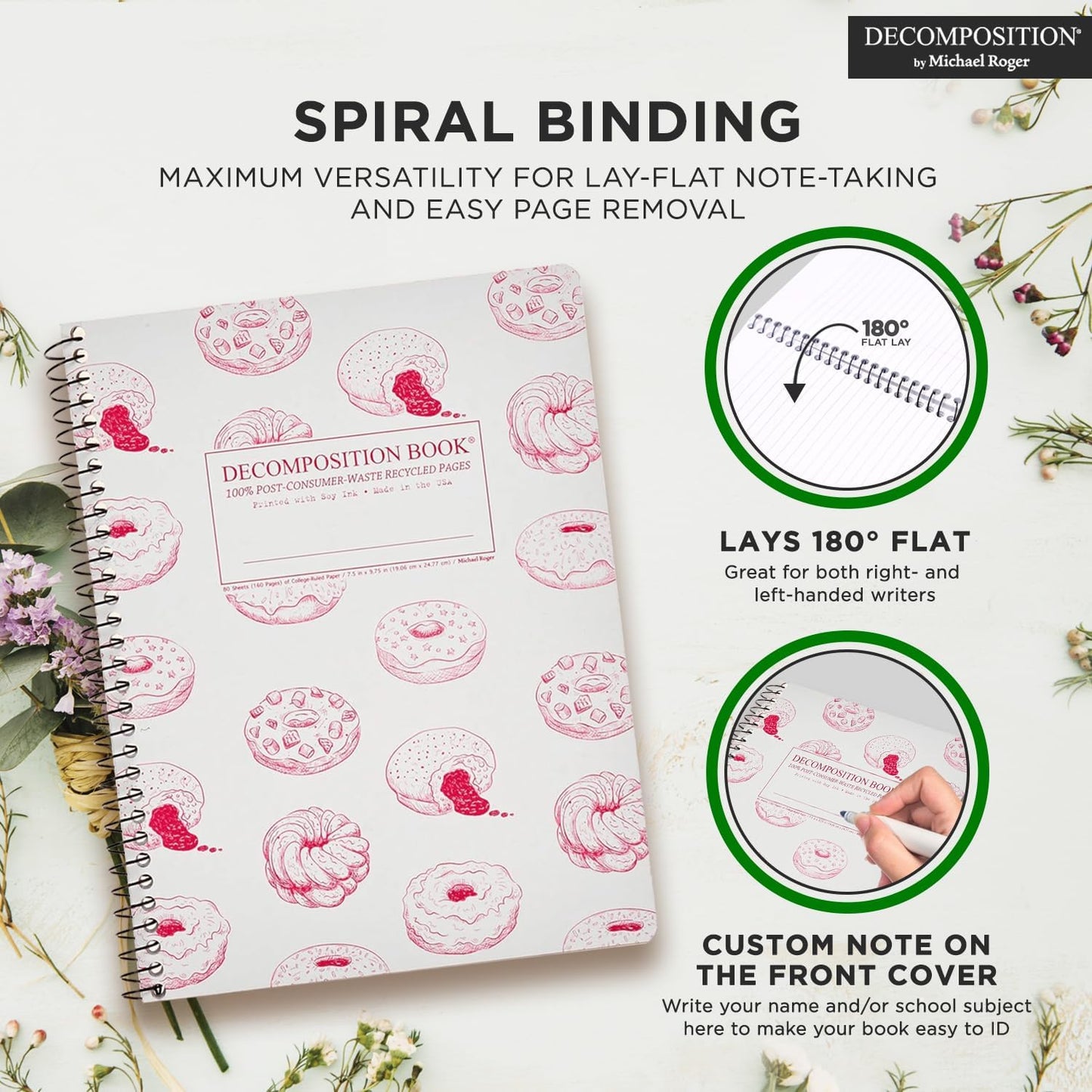 Decomposition Donut Time College Ruled Spiral Notebooks – 9.75 x 7.5 Journal with 160 Lined Pages – Cute Notebooks for School Supplies, Home & Office – 100% Recycled Paper – Made in USA