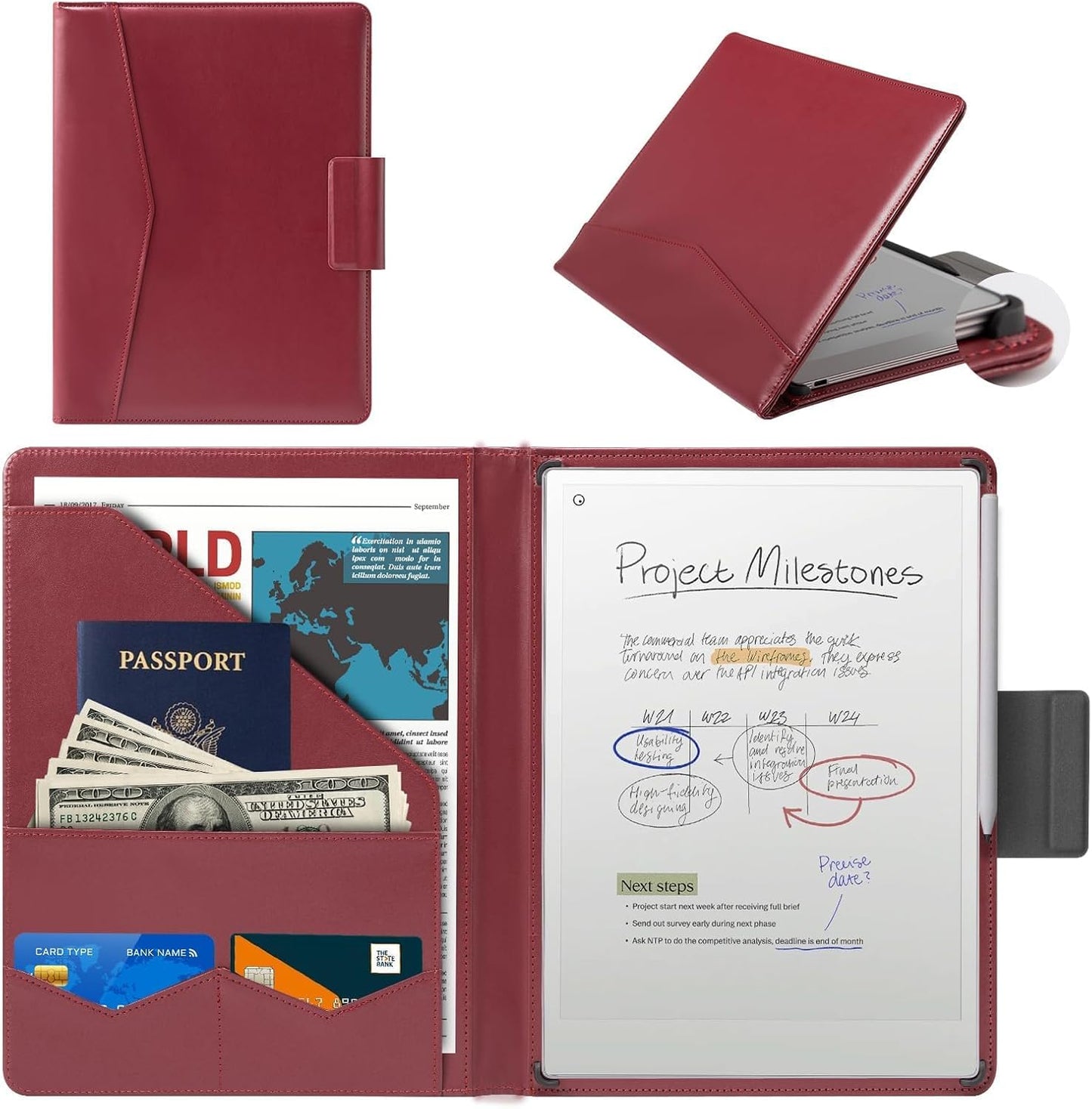 CoBak Premium PU Leather Case for Remarkable Paper Pro 11.8" (2024) – Slim Magnetic Back Cover with Auto Sleep/Wake, Folder Design, Magnetic Pen Holder Strap, Red Leather