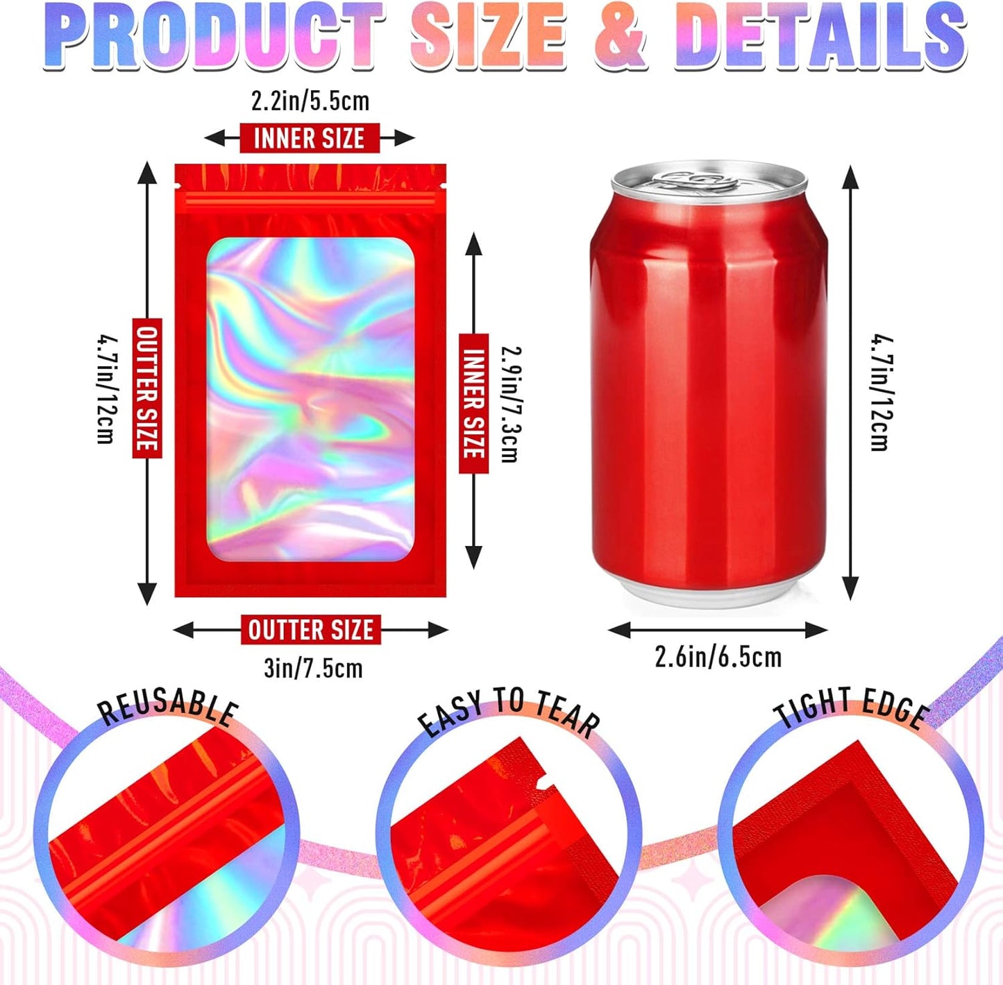 Smell Proof Bag, 100 PCS Holographic Bags, Packaging Bags (3x4.7 Inch)