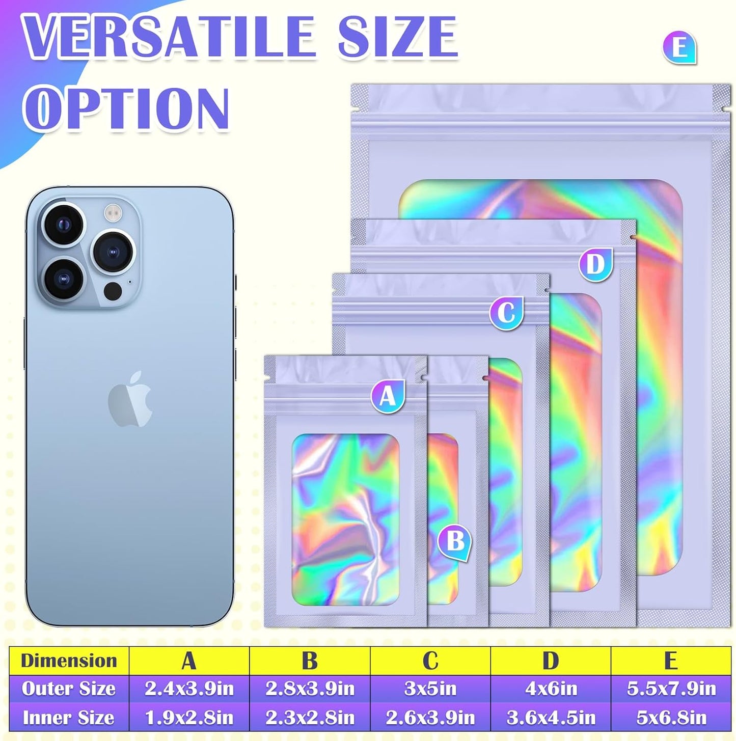 300 Pcs Mylar Bags, Smell Proof Bags Foil Pouch, Holographic Resealable Bags for Small Business, Candy Sample Jewelry Bag Sealable Packaging for Party Favor Food Storage (2.4x3.9in-Purple)
