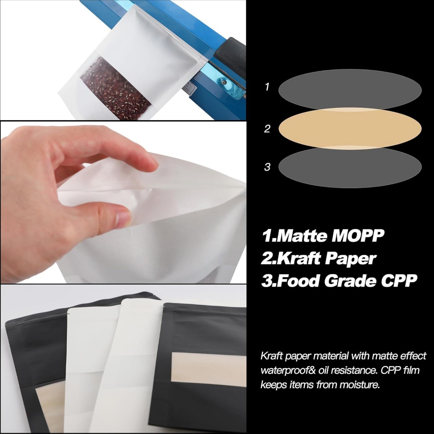 100 Pack Bags, Resealable Bags with Clear Window, Stand-up Bags for Sealing Storage, Scratch Resistant Hand Storage Bags. (White, 4.7×7.9 Inch)