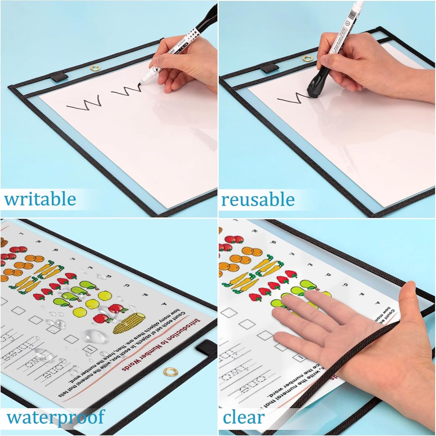 Ndsox 15 Packs Oversized Dry Erase Pockets Reusable Plastic Sleeves Clear Job Ticket Holders Heavy Duty Transparent Hanging Sheet Protectors for Teacher Classroom School Office Work Warehouse, Black