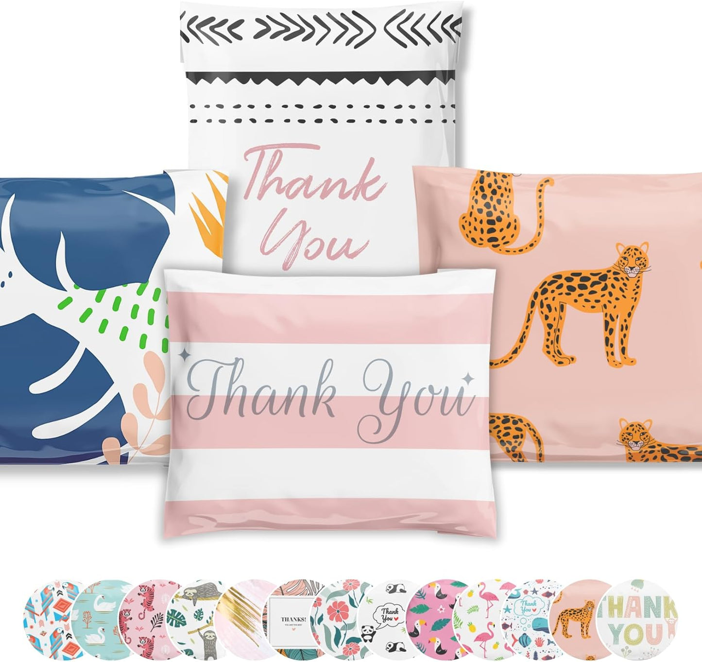 Poly Mailers 12.5x15 50 Pack | Self-Sealing Shipping Bags Envelopes for Small Business | Waterproof Durable Packaging | Variety Sample Pack | Thank You Floral Cheetah | à la mode Mailers