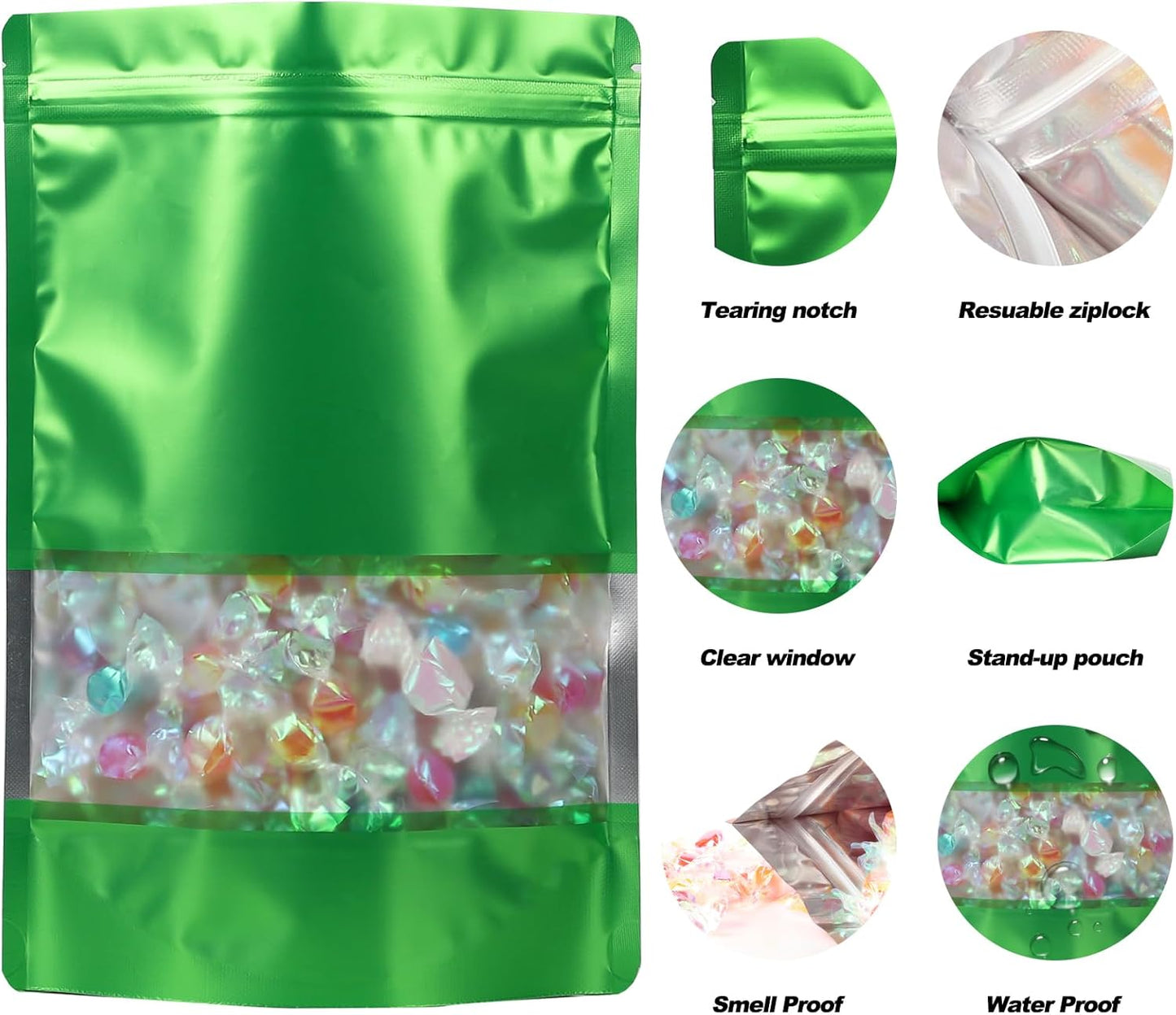 100 Pack Smell Proof Bags, Resealable Mylar Bags with Matte Window, Foil Pouch Stand-up Bags for Food Self Sealing Storage, Scratch Resistant Hand Storage Bags. (Green, 6.3×9.4 Inch)