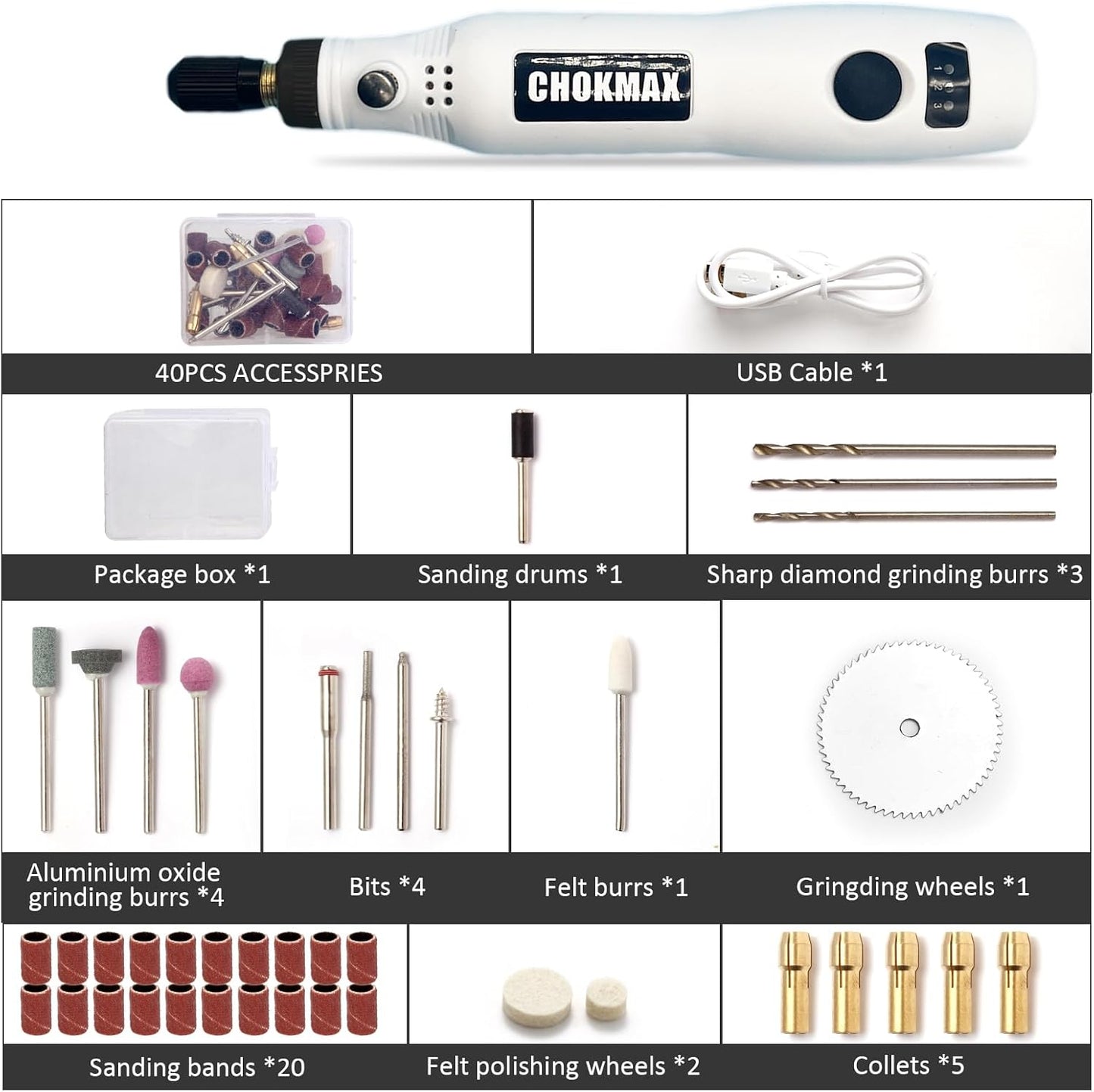Cordless Rotary Tool, 3.7V Li-ion Mini Rotary Multi-Tool Kit with Variable Speed, 42pcs Accessories Kit Electric Rotary DIY Grinder for Polishing, Cleaning and Engraving White