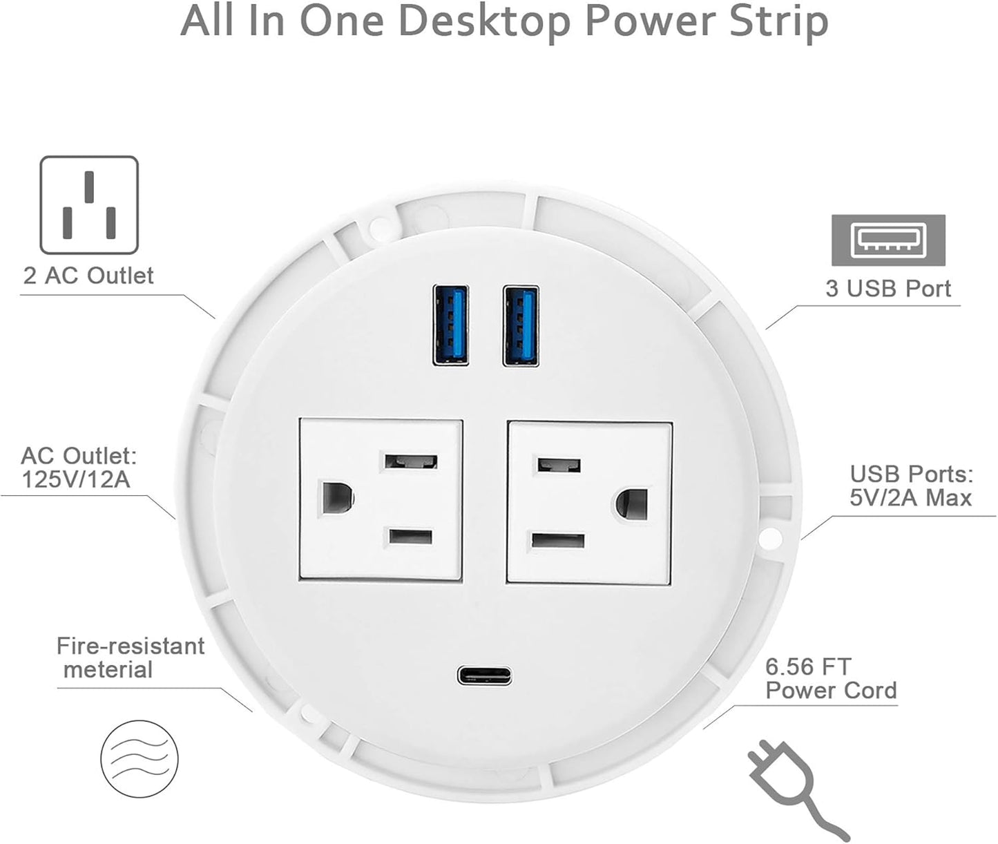 Kungfuking Desktop Power Grommet with PD 20W USB C,Recessed Power Strip with USB Port, Desk Outlet Socket with USB C,2 AC Outlets and 3 USB Charging Port 6.56 FT Extension Cord