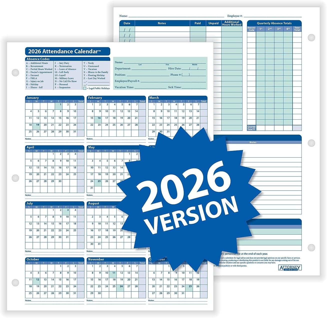 2026 Attendance Calendar Kit, White, Pack of 100
