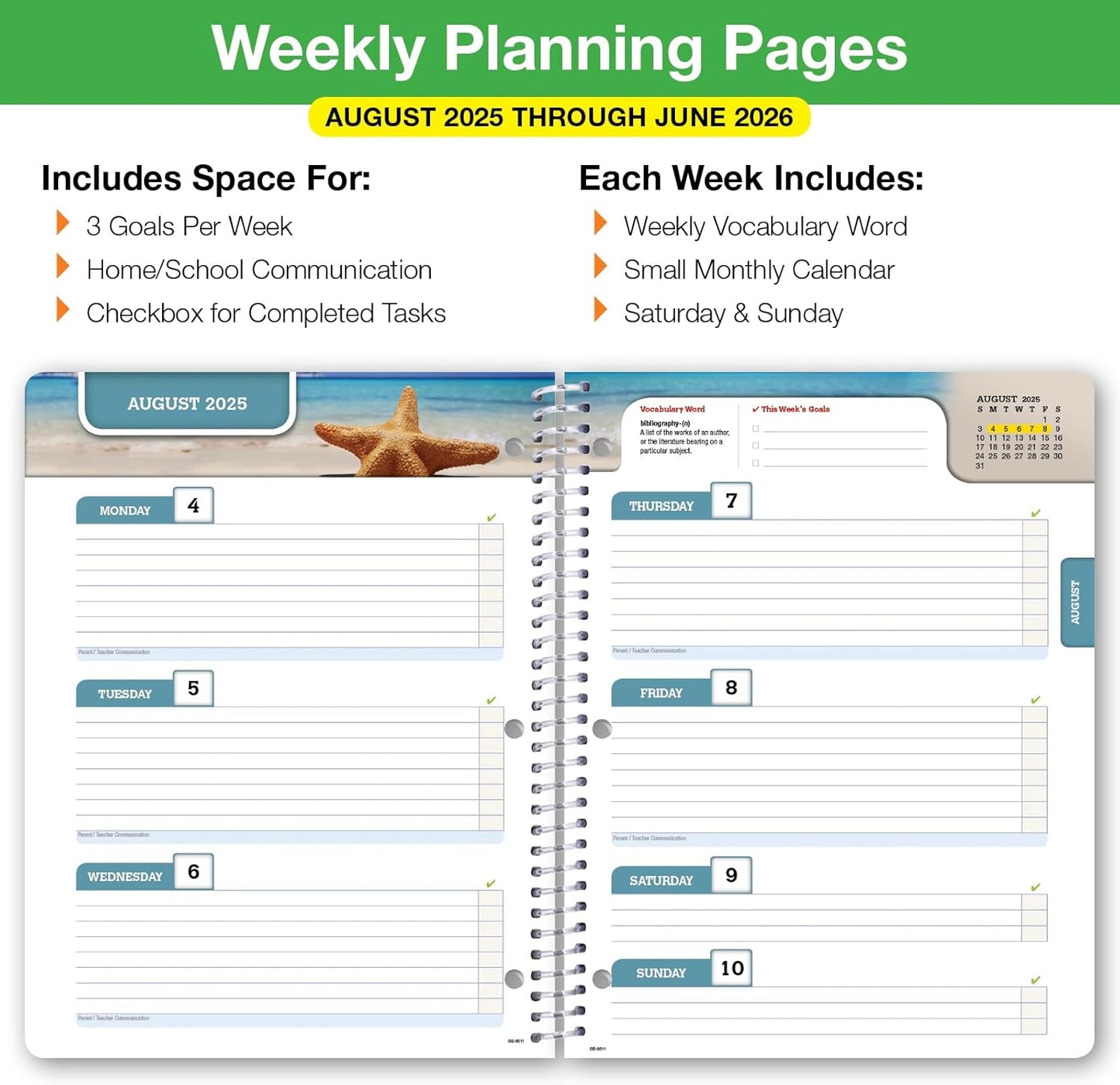 Global Datebooks Dated Middle School or High School Student Planner for Academic Year 2025-2026 Includes Ruler/Bookmark and Planning Stickers (Block Style - 8.5"x11" - Kraft Doodles)