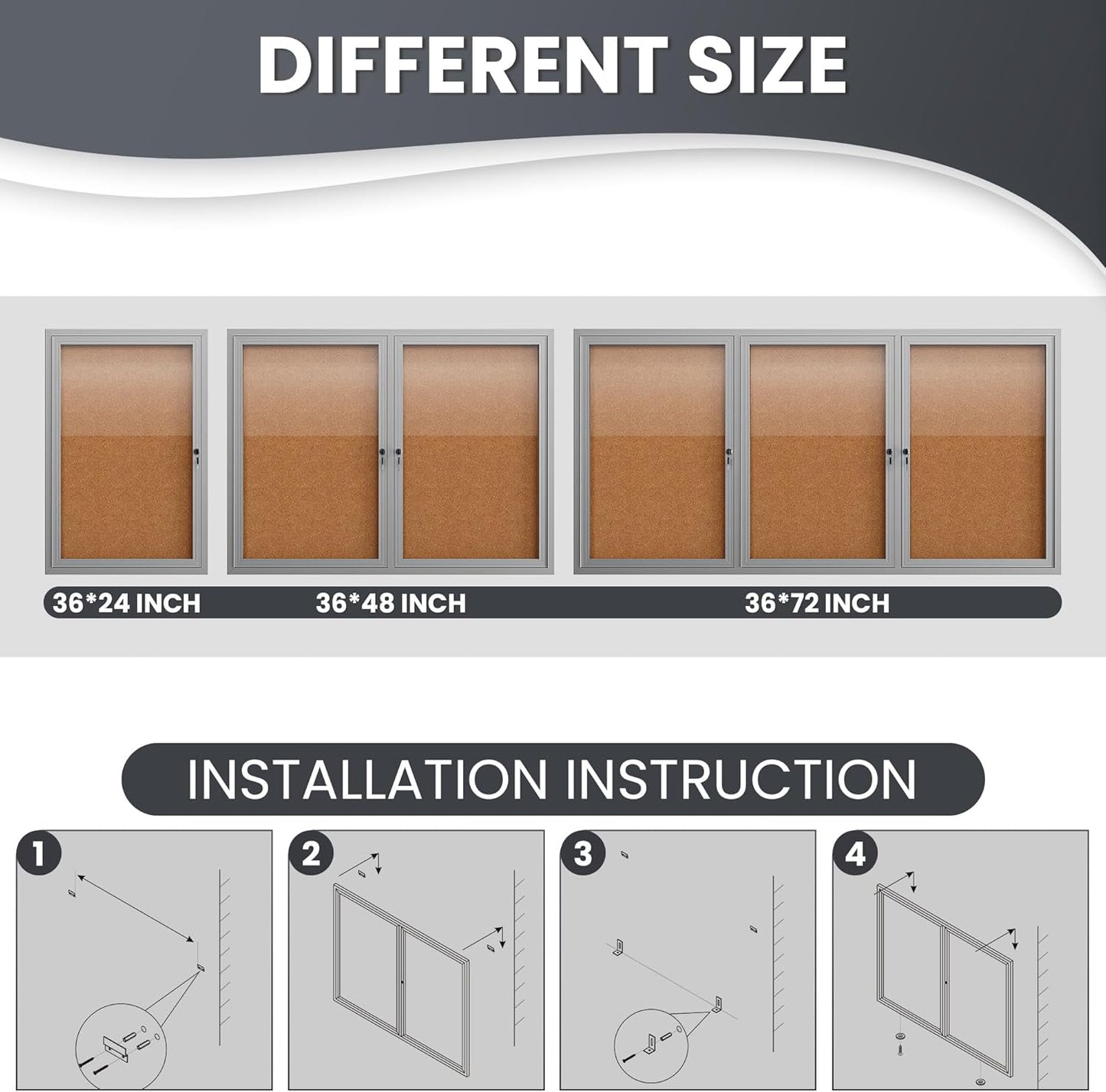 48"x36" Lockable Enclosed Bulletin Board, Outdoor Cork Weather-Resistant Aluminum Frame Notice Board, Wall Mounted Display Case Acrylic Doors for School,Office,Silver Frame w/Cork