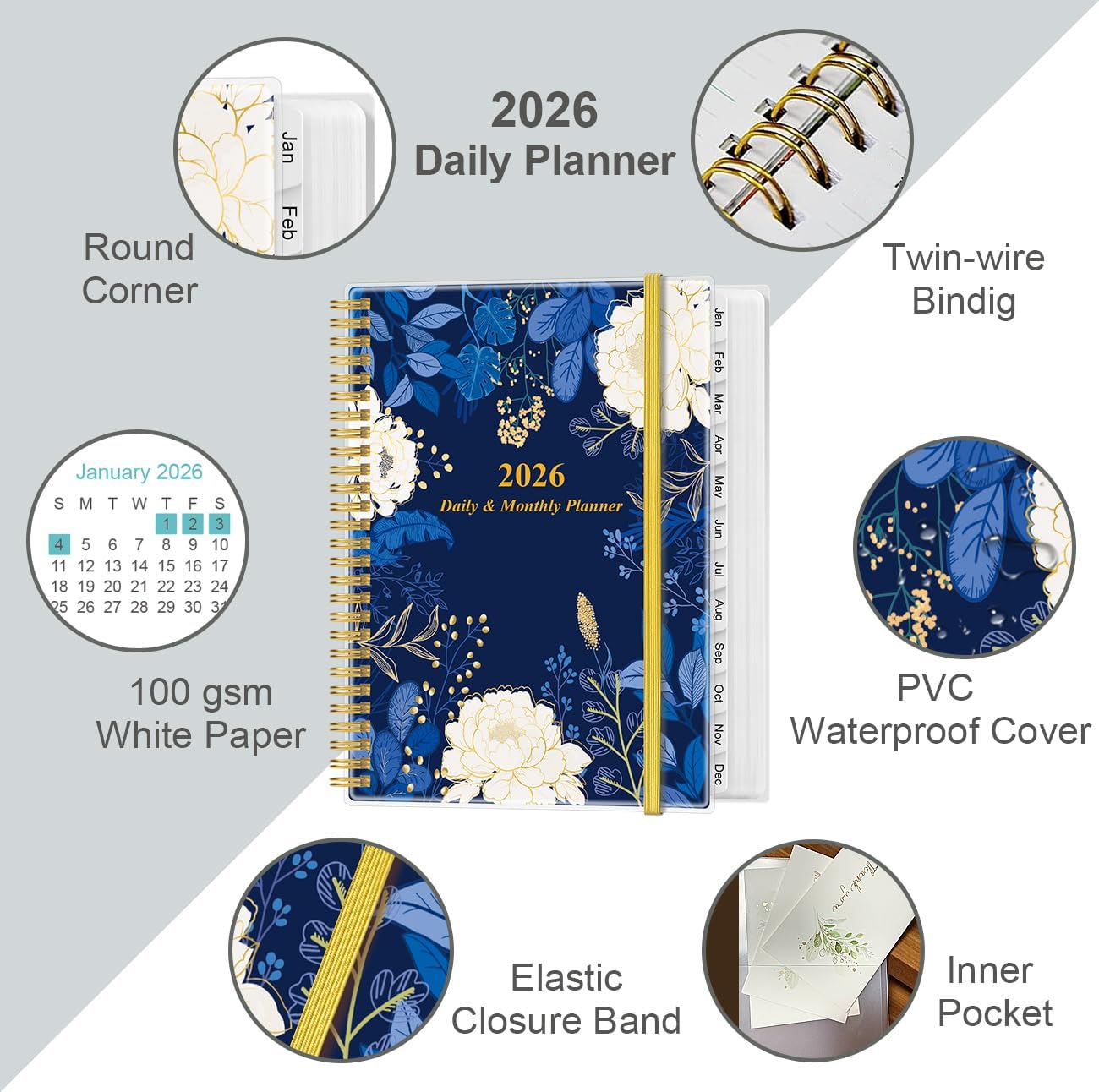 2026 Daily & Monthly Planner - One Page Per Day, Daily Planner from January 2026 - December 2026, Planner 2026 with 12 Monthly Tabs, 8.5" x 11", Blue Leaf Flower