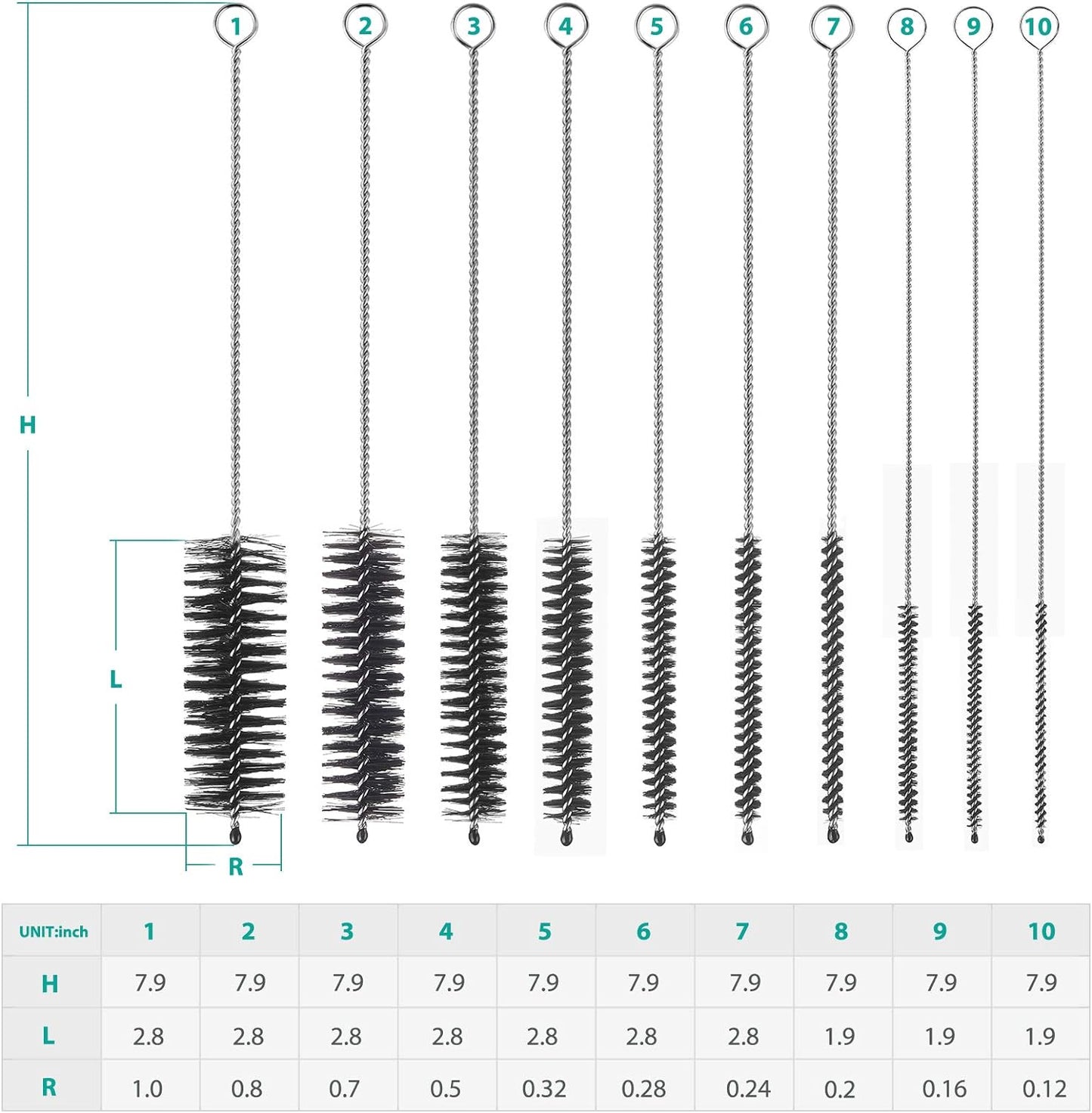 CiaraQ Bottle Cleaning Brushes, 8 Inch Nylon Tube Brush Set, Cleaner for Narrow Neck Bottles Cups with Hook, Set of 10pcs, Black