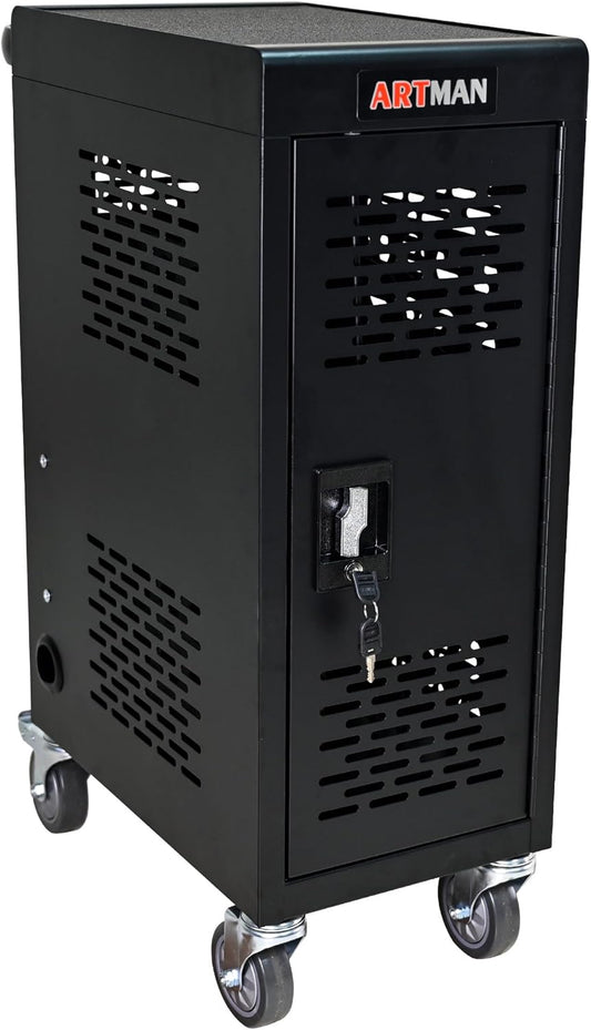 16 Device Charging Cart, Laptop and Tablet Storage Cart, Holds Up to 14" with Cord Management, Front and Rear Access Locking, Desktop Charging and Storage Cabinet for Classroom or Office.Black