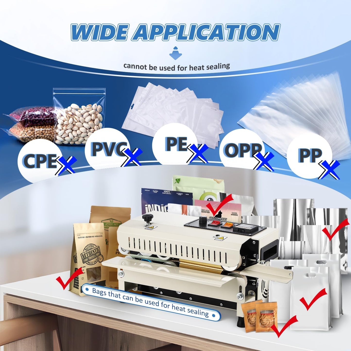 Commercial Heat Sealer Machine, Automatic Continuous Band Sealer, Temp&Speed Adjustable, Horizontal Bag Sealing Machine for Plastic Packing Bags, Desktop Beige