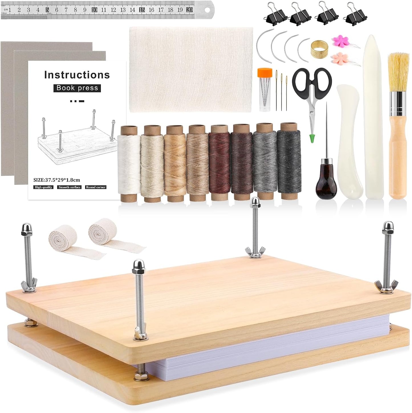 ZMAAGG 36 Pcs Book Binding Kits, 14.8 x 11.4 Inch Book Press Books Binding Materials Books Binding Supplies with 8 Pcs Wax Thread, Bone Folder Awl Large Eye Needles for Beginner DIY