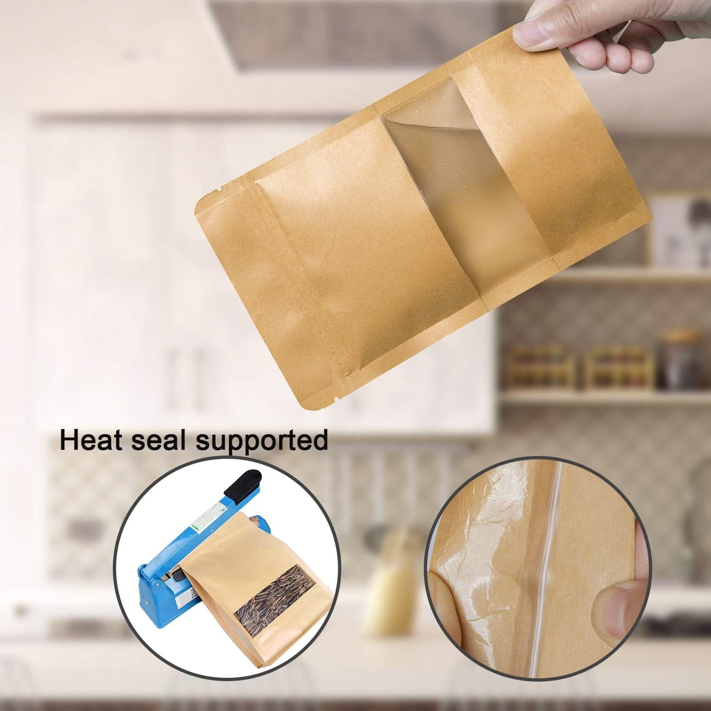 Stand Up Kraft Pouch Bags,Reusable Zip Lock Sealing & Notch Matte Transparent Window Bags, Resealable Zip Lock Food Storage Bag, 8.6 x 4.7 + 2.36 Inches, Pack of 50