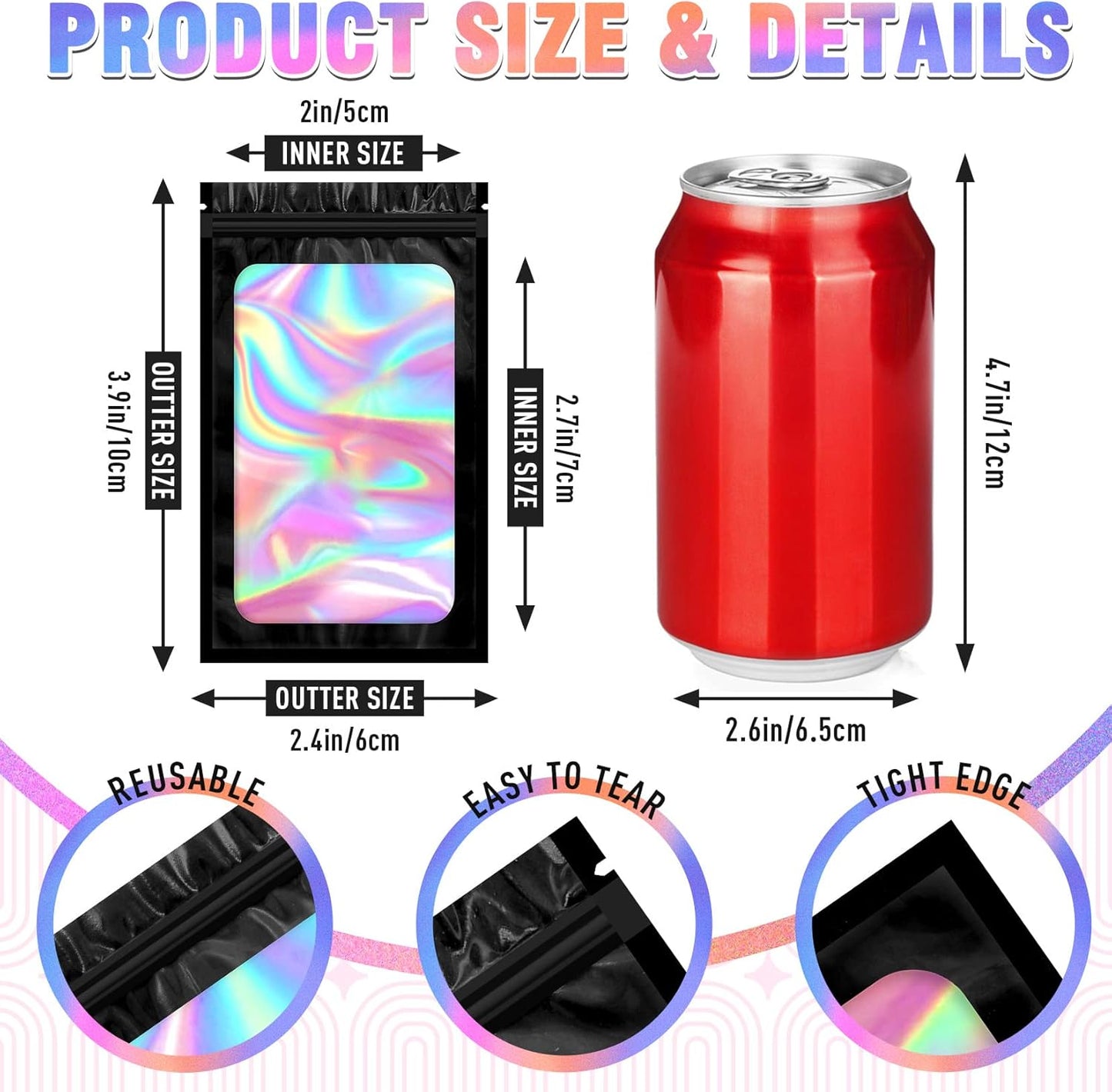 Mylar Bags, 100 PCS Packaging Bags, Small Bag Smell Proof Bag with Clear Window Black (2.4x3.9 Inch)