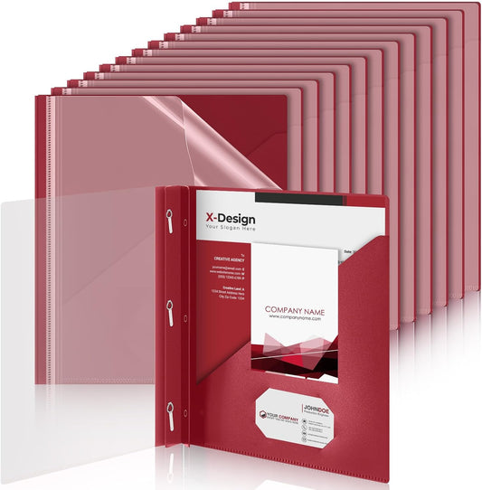 Teling 24 Pcs Clear Report Cover with 3 Prongs, Plastic Report Presentation Folders 90 Sheet Capacity Resume Document Covers for School Office(Dark Red)