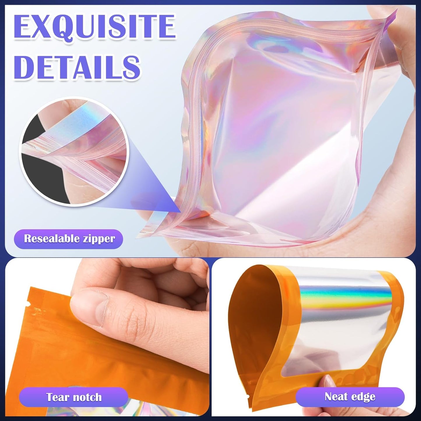 300 Pcs Mylar Bags, Smell Proof Bags Foil Pouch, Holographic Resealable Bags for Small Business, Candy Sample Jewelry Bag Sealable Packaging for Party Favor Food Storage (3x5in-Orange)