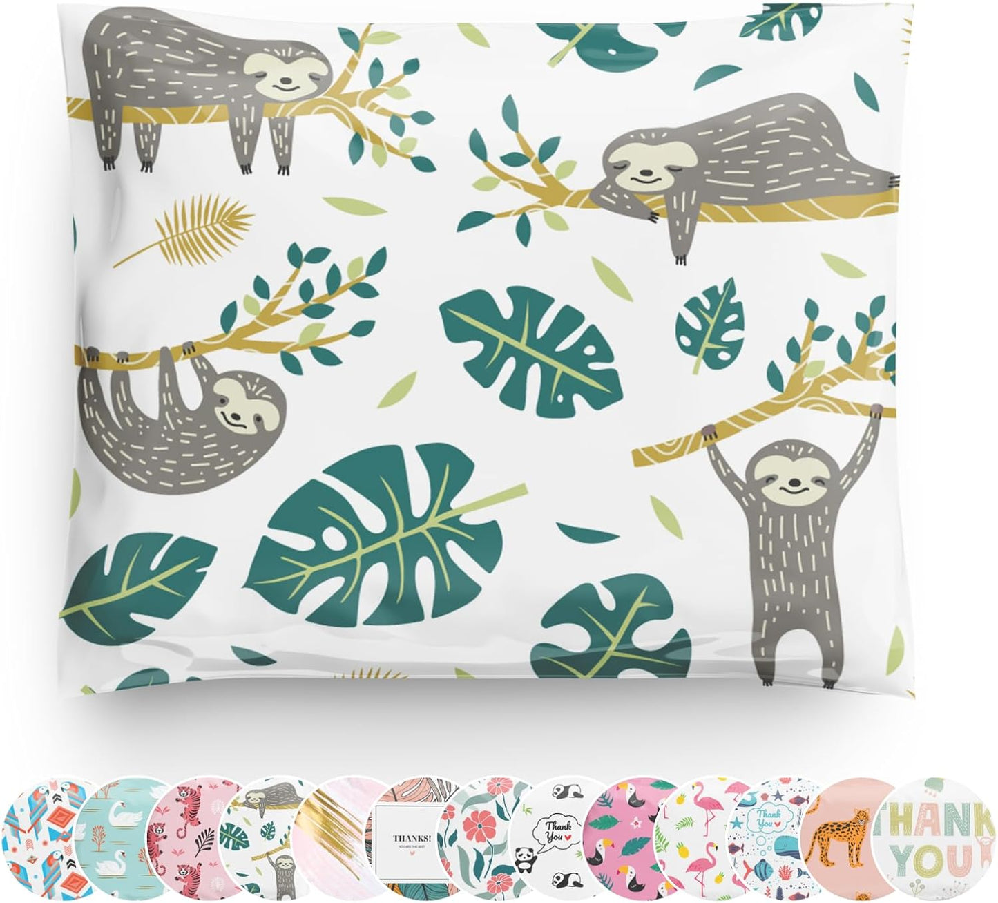 Poly Mailers 10x13 100 Pack | Self-Sealing Shipping Bags Envelopes for Small Business | Waterproof Durable Packaging | Sloth | Palm Green Animal Floral | à la mode Mailers