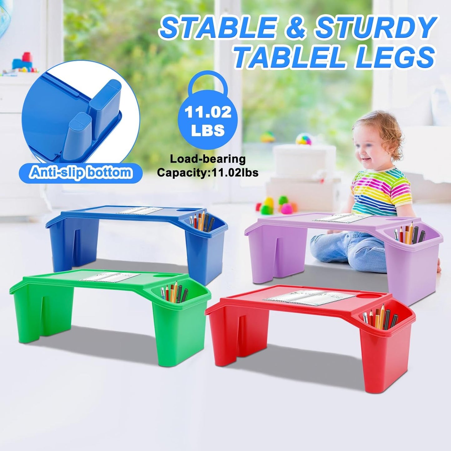 4 Pack Kids Lap Desk Tray with Storage Slots, Portable Lap Desk, Activity Tray, Plastic Breakfast Laptop Trays, Drawing, Stackable, Writing, Eating, Classroom, 21.65" L x 11.8" W x 8.46" H