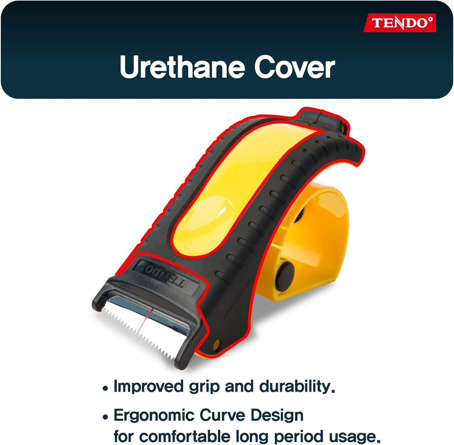 Heavy Duty Shipping Tape Dispenser: TENDO° Essential Line – Reusable, Replaceable, Eco-Friendly 2’’ Master Piece Dispenser with Patented 10° Sloped Chromium Blades - P-1200 (3th Gen.)_Yellow