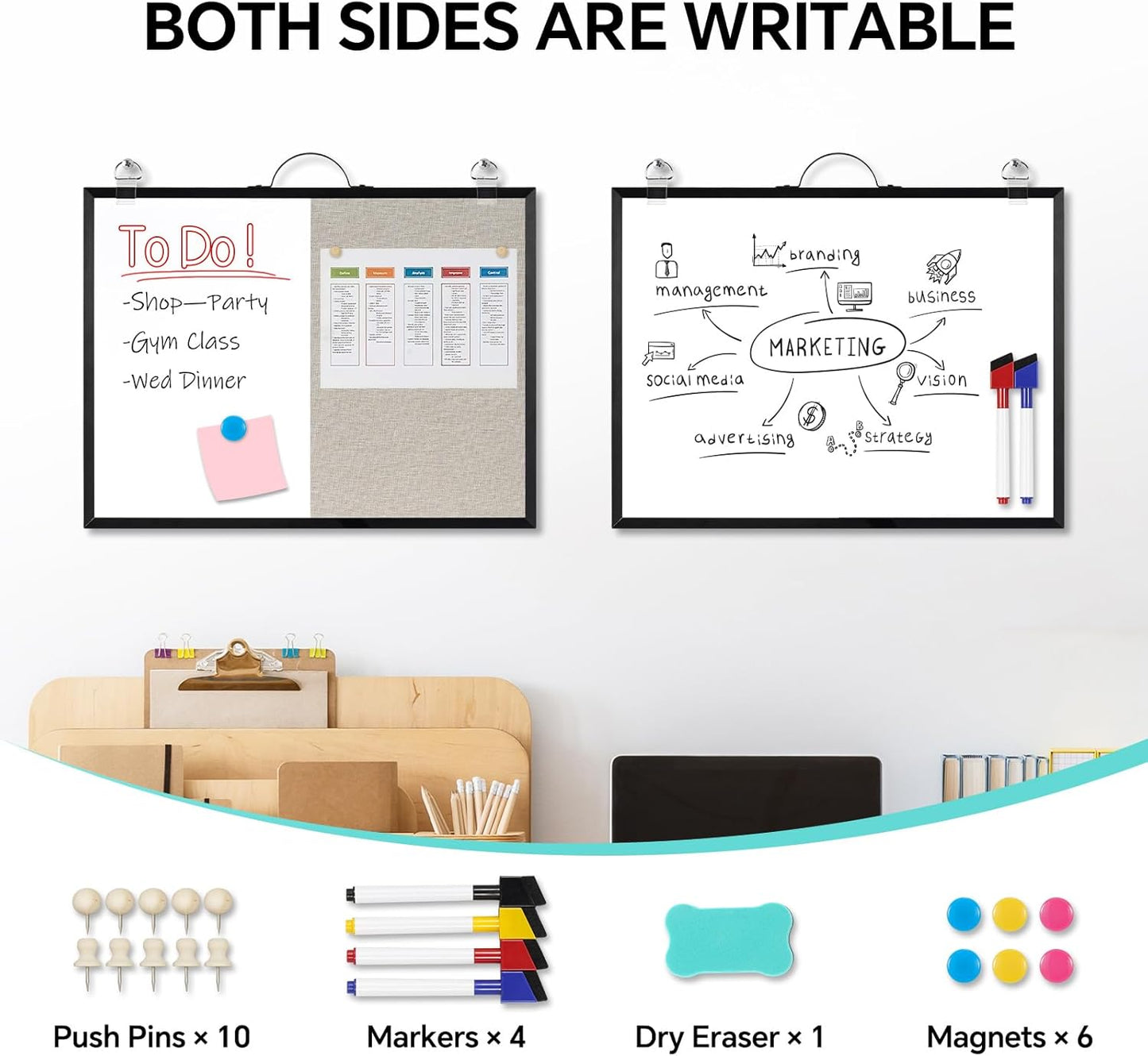 White Board Linen Bulletin Board Combo, 16"x12", Double-Sided Magnetic Dry Erase Cork Board for Walls, Aluminum Frame Small Pin Board with Handles for Home, Office, School, Gray Felt