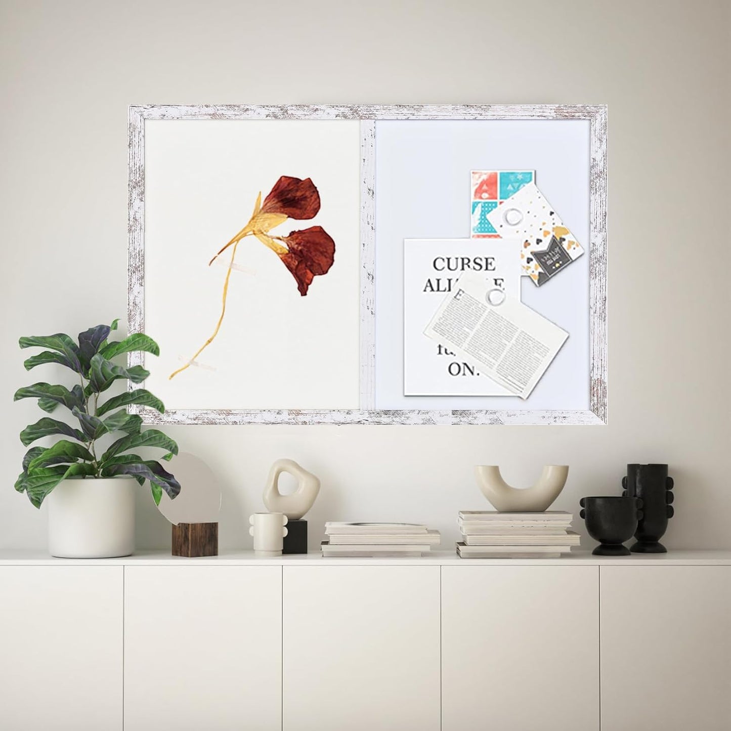 Bulletin Board Whiteboard White Felt Board Combo for Office School Kitchen Bedroom, White Wood Frame,23.6"*35.4",Whiteboard+WH-6090WH