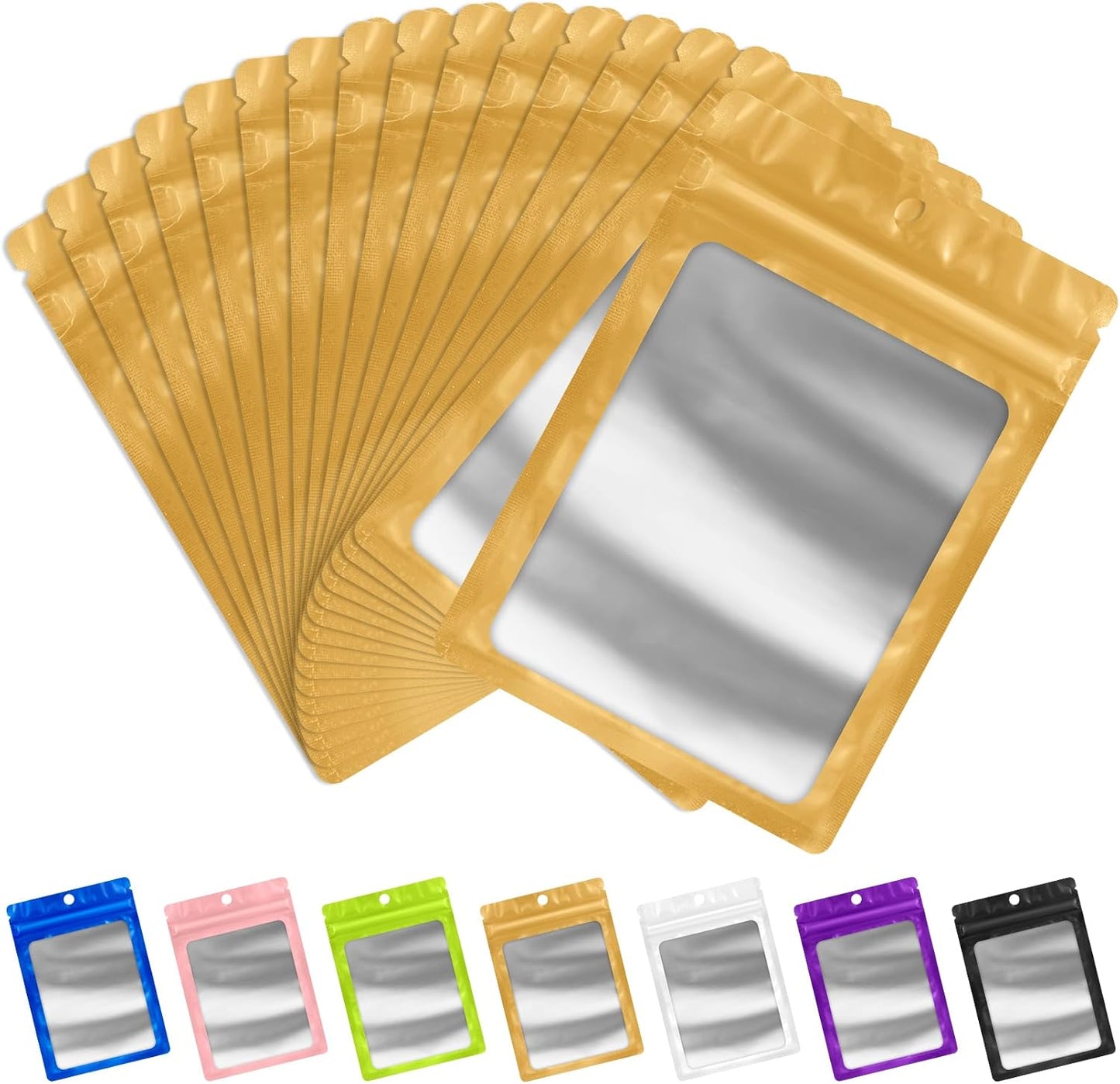 FUNFERY 100 Pack Mylar Resealable Bags Foil Packaging Bags with Clear Window,Zipper Pouch Smell Proof Bag for Food Storage,Cookies,Sample,Small Business(Gold,4.7x7inch)