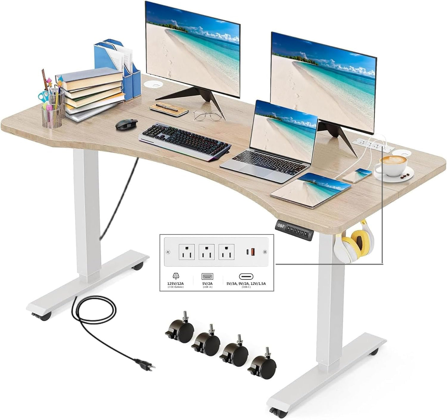 Electric Standing Desk 55 x 24 Inches Adjustable Height Ergonomic Sit Stand Up Desk Curved for Home Office Computer Workstation with 2 USB Ports 3 Power Outlets Memory Preset Wheels, Oak