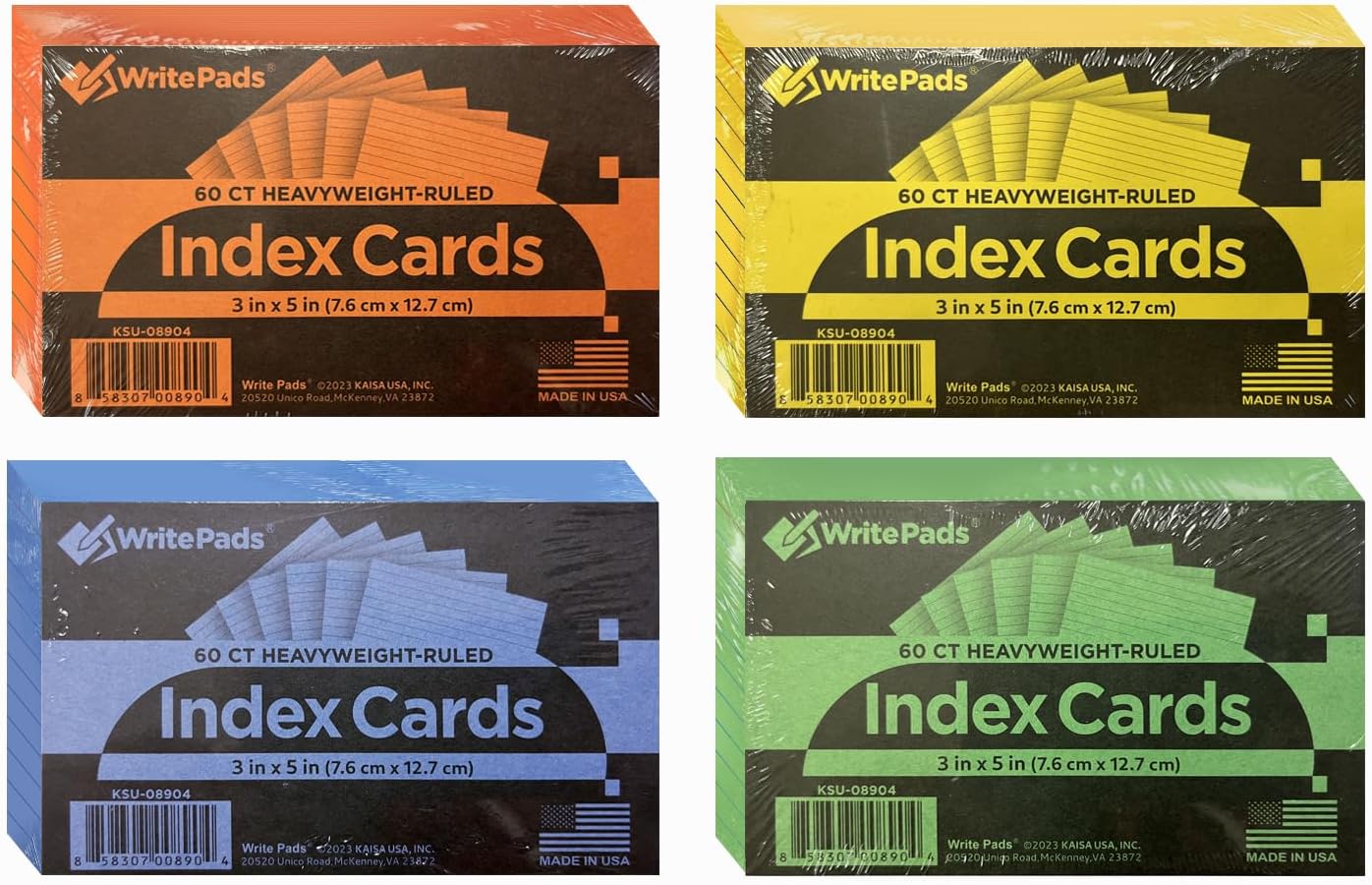 KAISA Colored Index Cards Flashcard，3x5 Ruled Color Note Cards, 4 Colors 60 Sheet (Total of 240ct), Heavyweight Colorful Notecards For School, Home & Office,KSU08904, Made In The USA